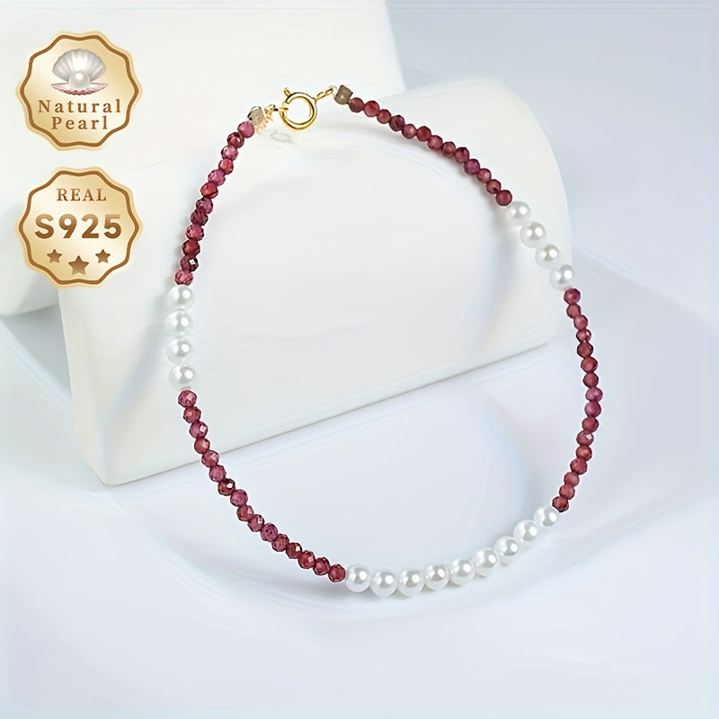Women's Freshwater Pearl and Garnet Beaded Necklace with Silver Clasp