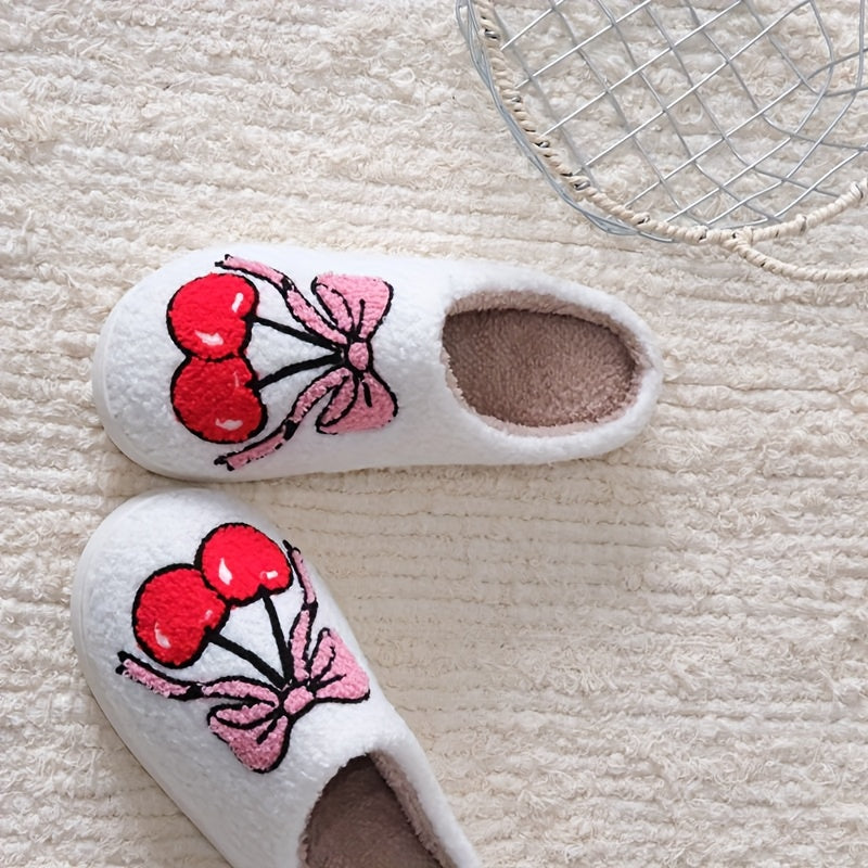 Unisex Plush Fluffy Slippers With Cherry Bowknot Pattern Indoor Fuzzy Shoes