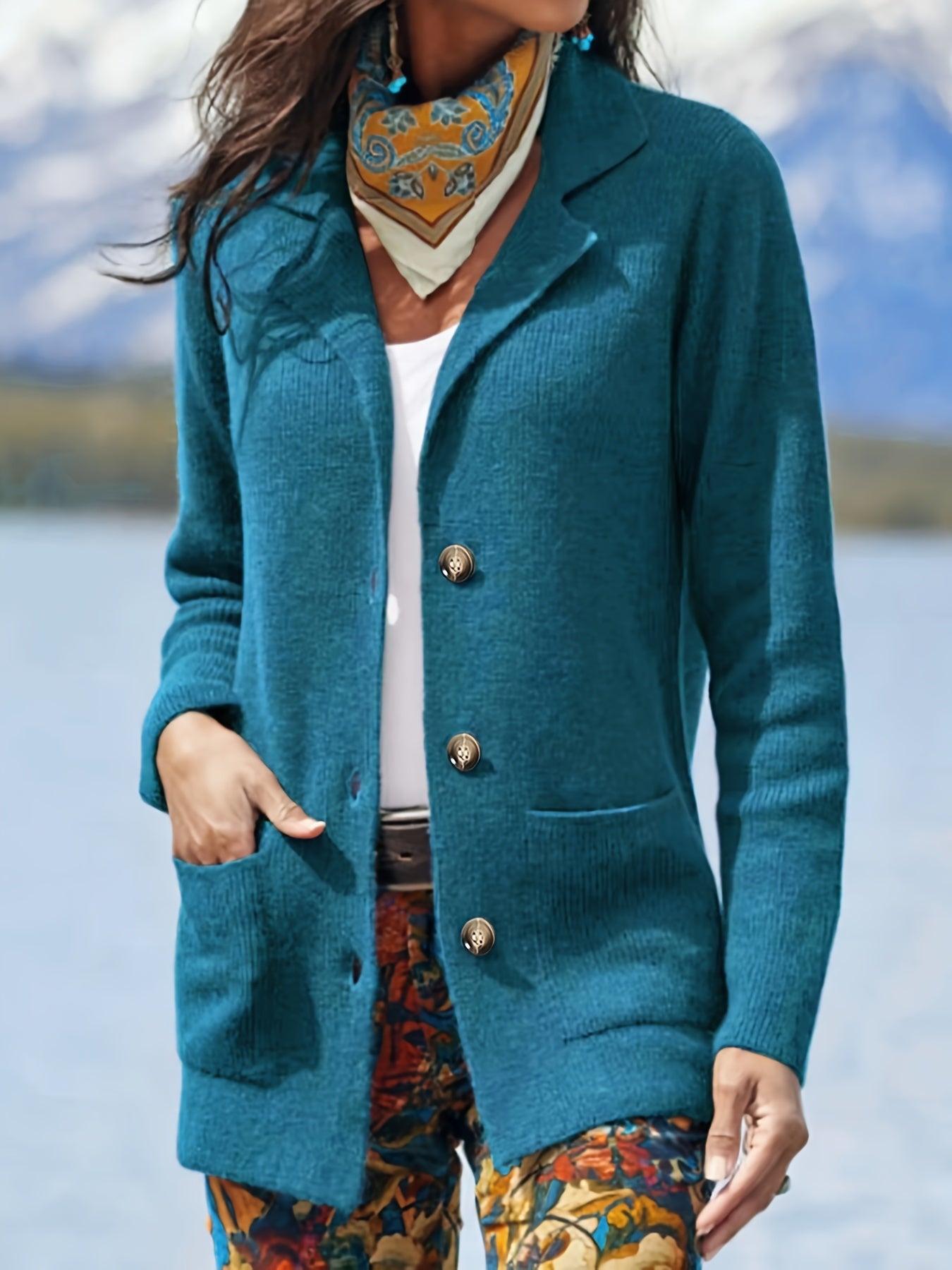 Plus Size Women's Teal Long Sleeve Cardigan with Pockets Winter Casual Outerwear