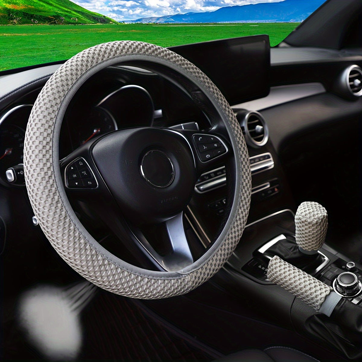 3pcs Breathable Mesh Car Steering Wheel Cover Anti-slip Sweat-absorbing 35-38cm