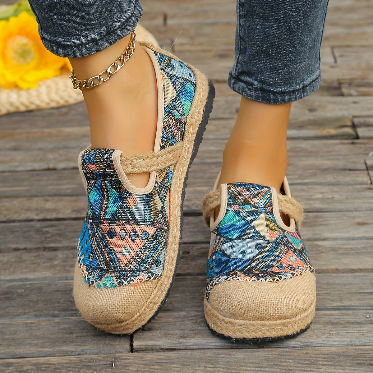Women's Casual Espadrille Flats, Tribal Pattern Slip-On Breathable Shoes