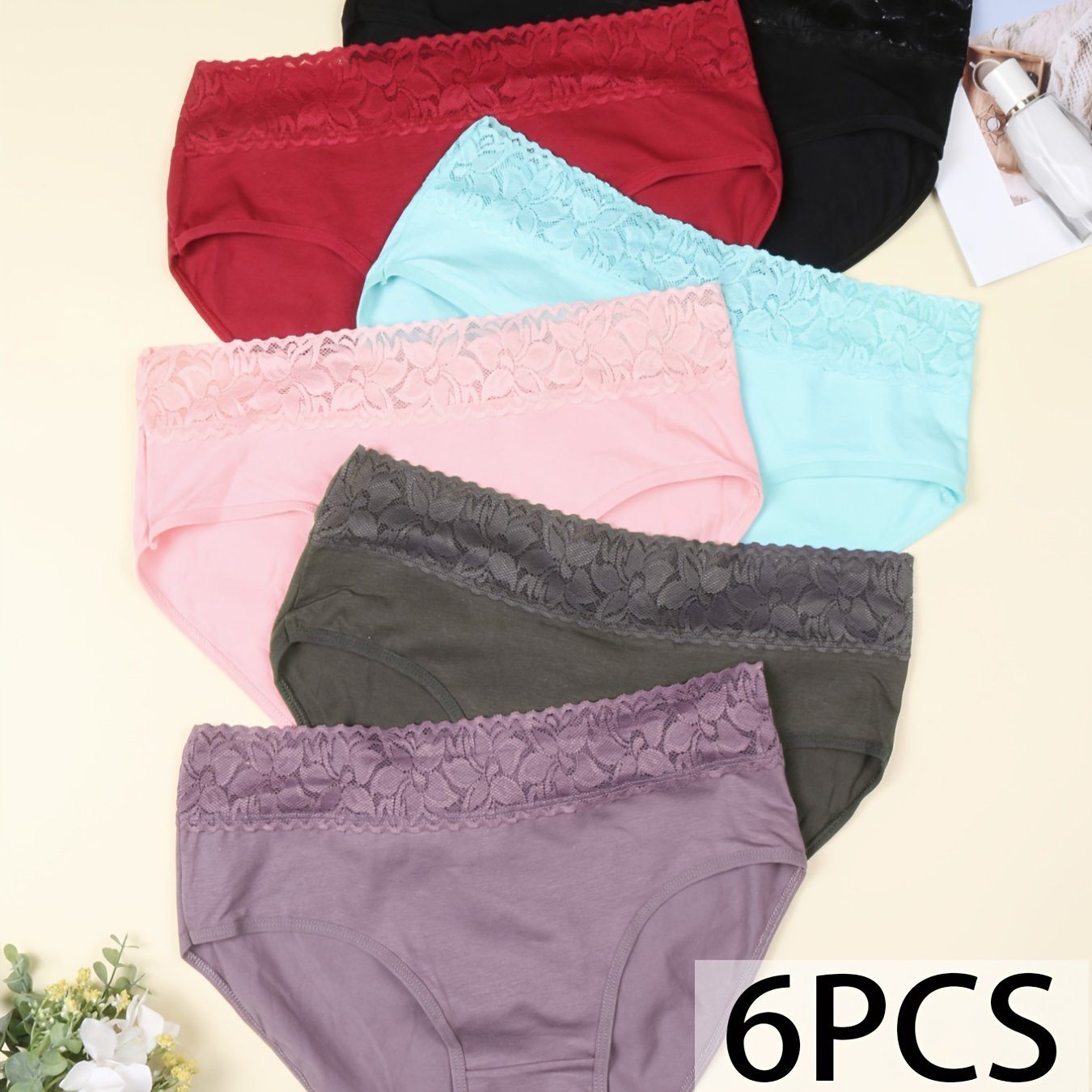Women’s Lace Bikini Hipster Panties Pack of 6 Cotton Mid Rise Briefs Solid Color