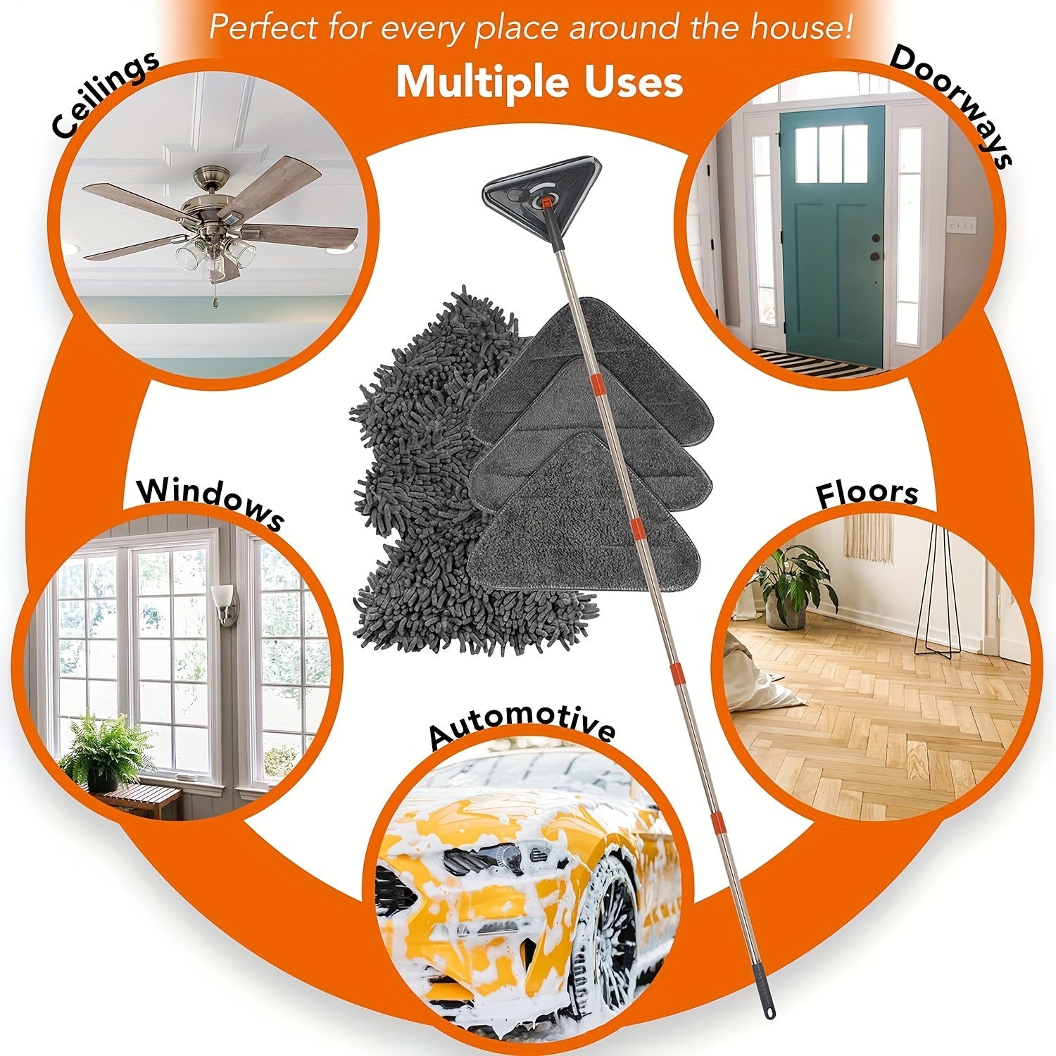 6 ta to'ldirish yostiqchalari va uchburchak boshli kengaytiriladigan devor tozalash moppi