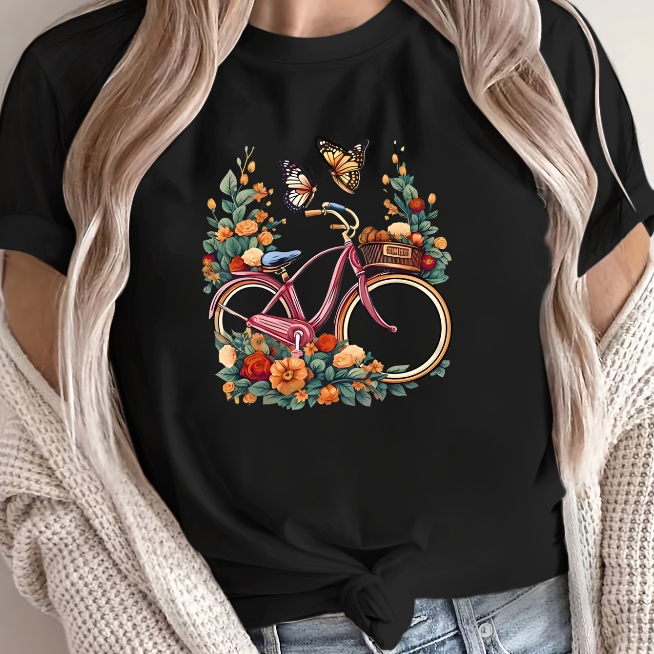 Women’s Floral Bicycle Print T-Shirt Casual Crew Neck Breathable Polyester Black