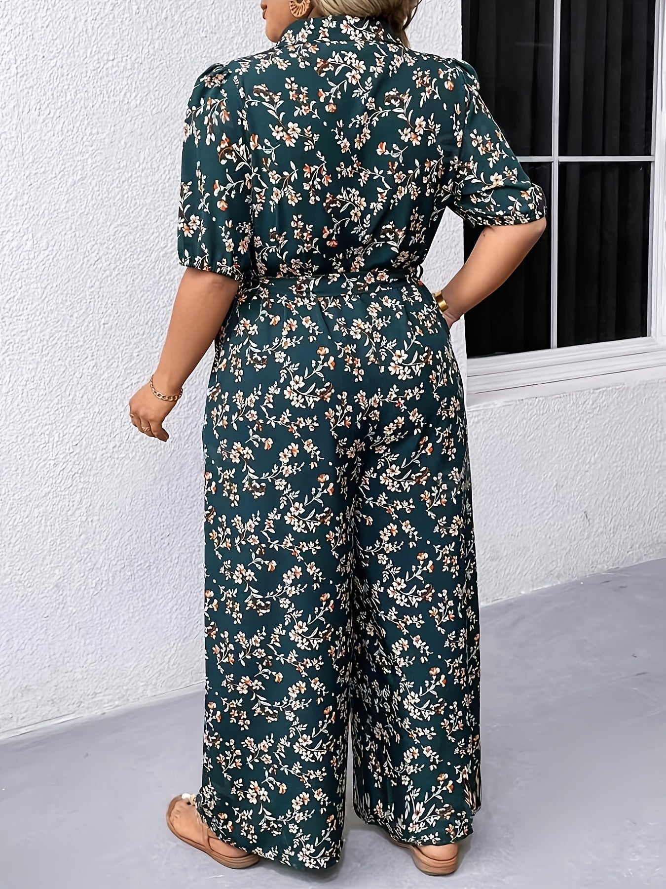 Women's Floral Print Short Sleeve Jumpsuit Polyester Belted Waist