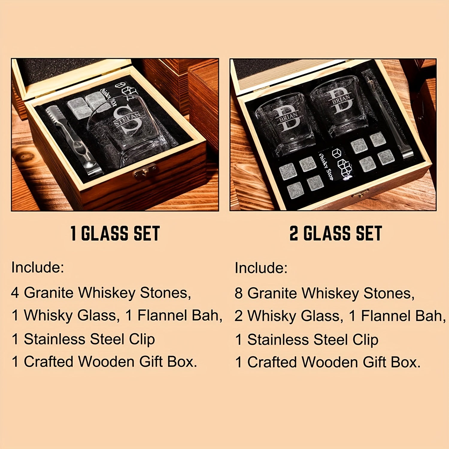 Set of 4 Personalized Whiskey Glasses with Wooden Box Gift Set for Groomsmen Fathers and Bachelors