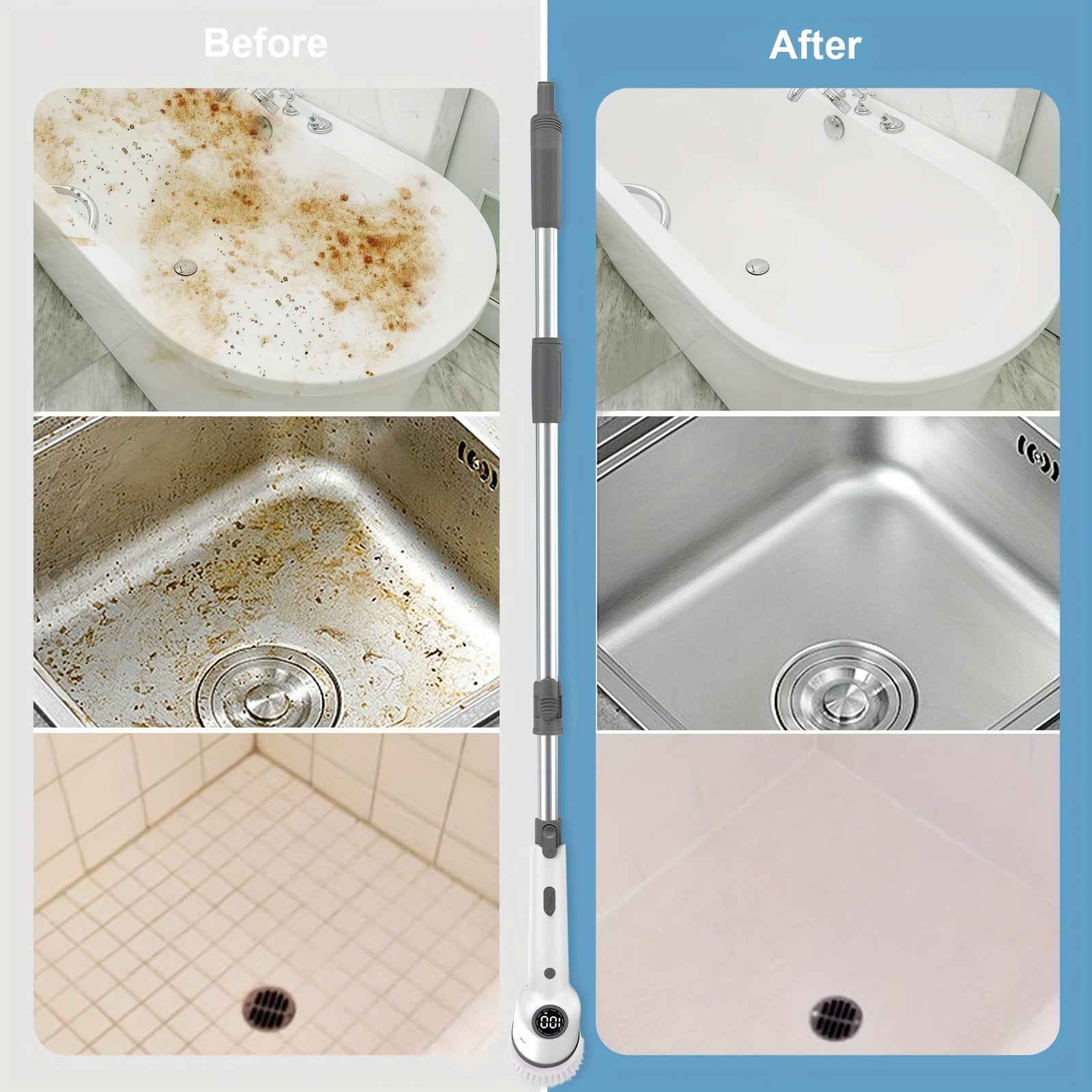 Rotating Electric Cleaning Brush with 8 Brush Heads, Battery Indicator, for Kitchen, Car, Tile, Floor