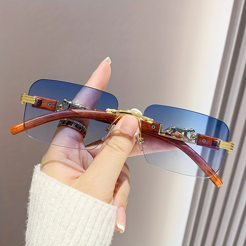 Gafas sin montura unisex de forma rectangular con patillas de madera para playa y viajes