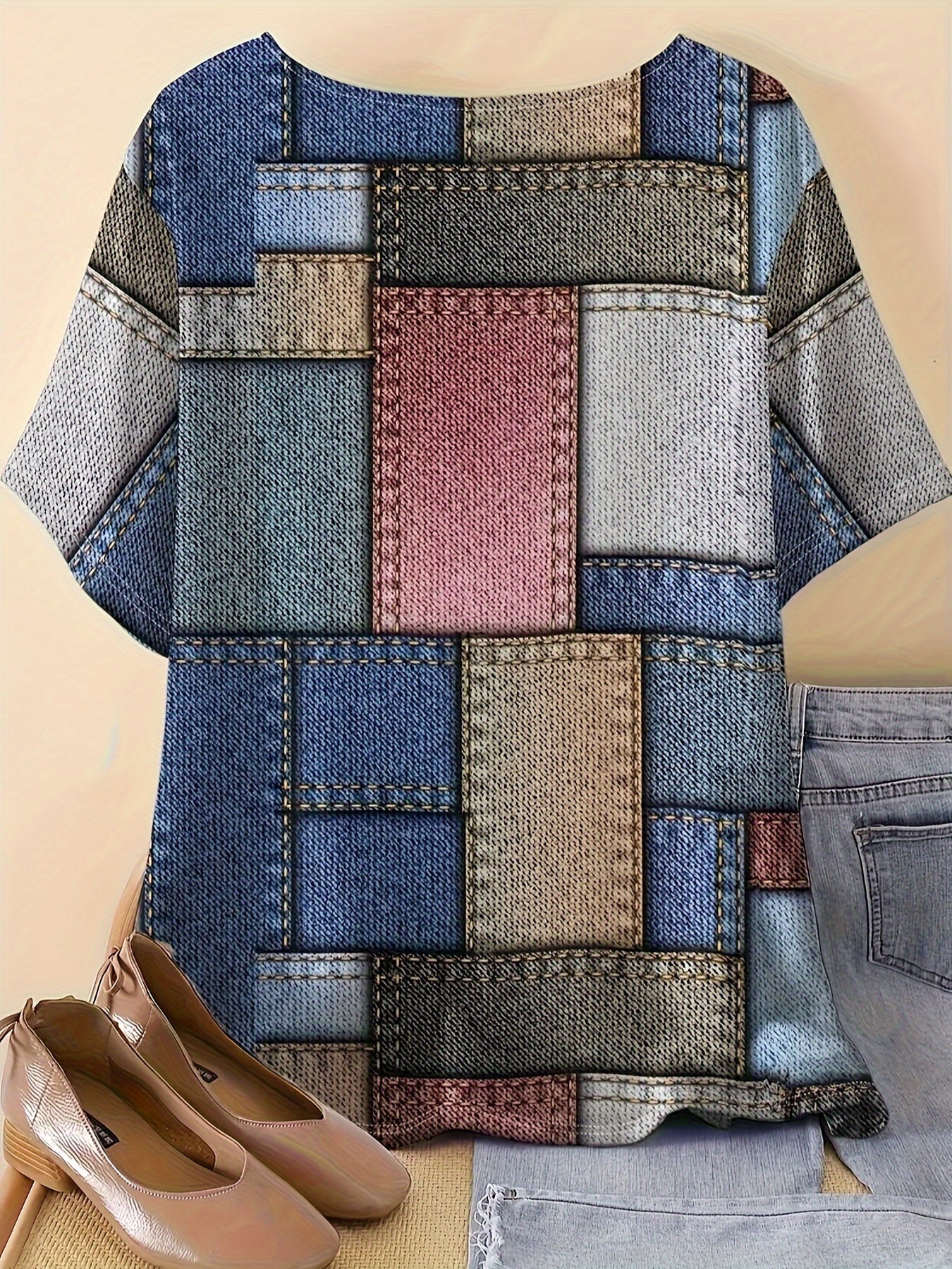 Women's Patchwork Print T-Shirt Polyester Blend Scoop Neck Short Sleeve Casual