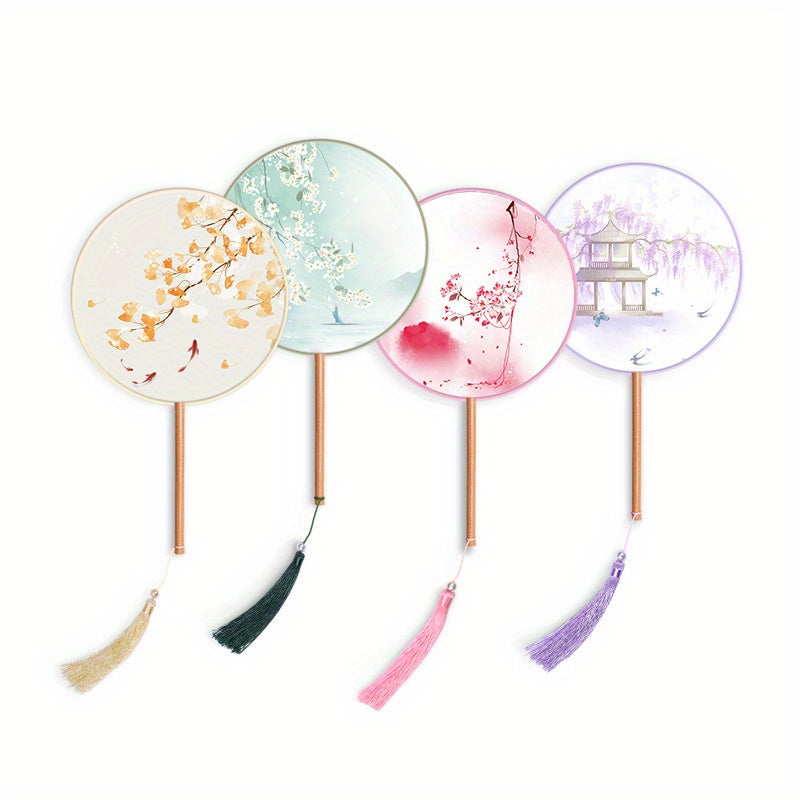 Girls Long Handle Dance Fan Traditional Hanfu Qipao Embroidered Summer Fan