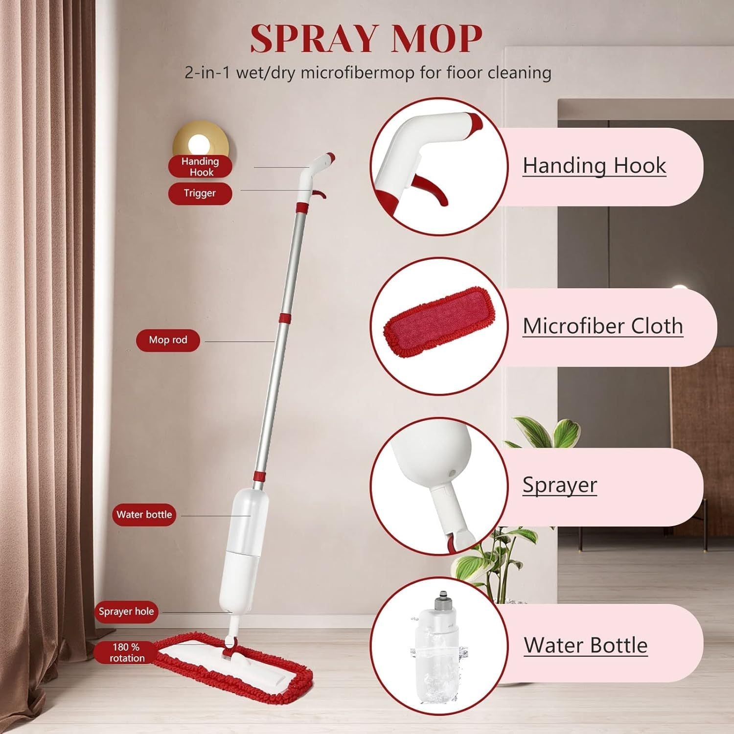 Aluminum Spray Mop Set with Washable Microfiber Pad for Tile and Hardwood Floors