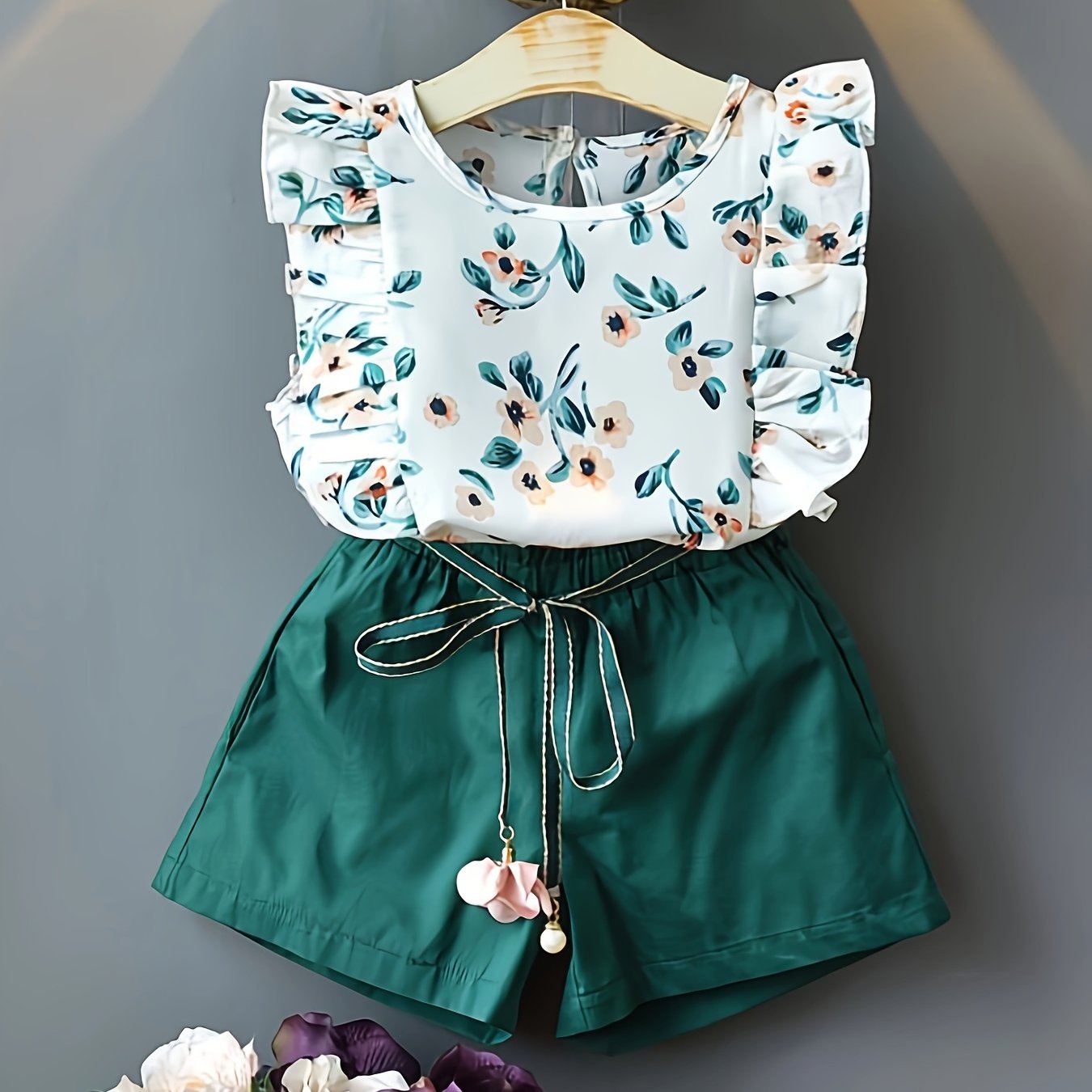 Girls Summer Floral Chiffon Top and Shorts Set with Belt