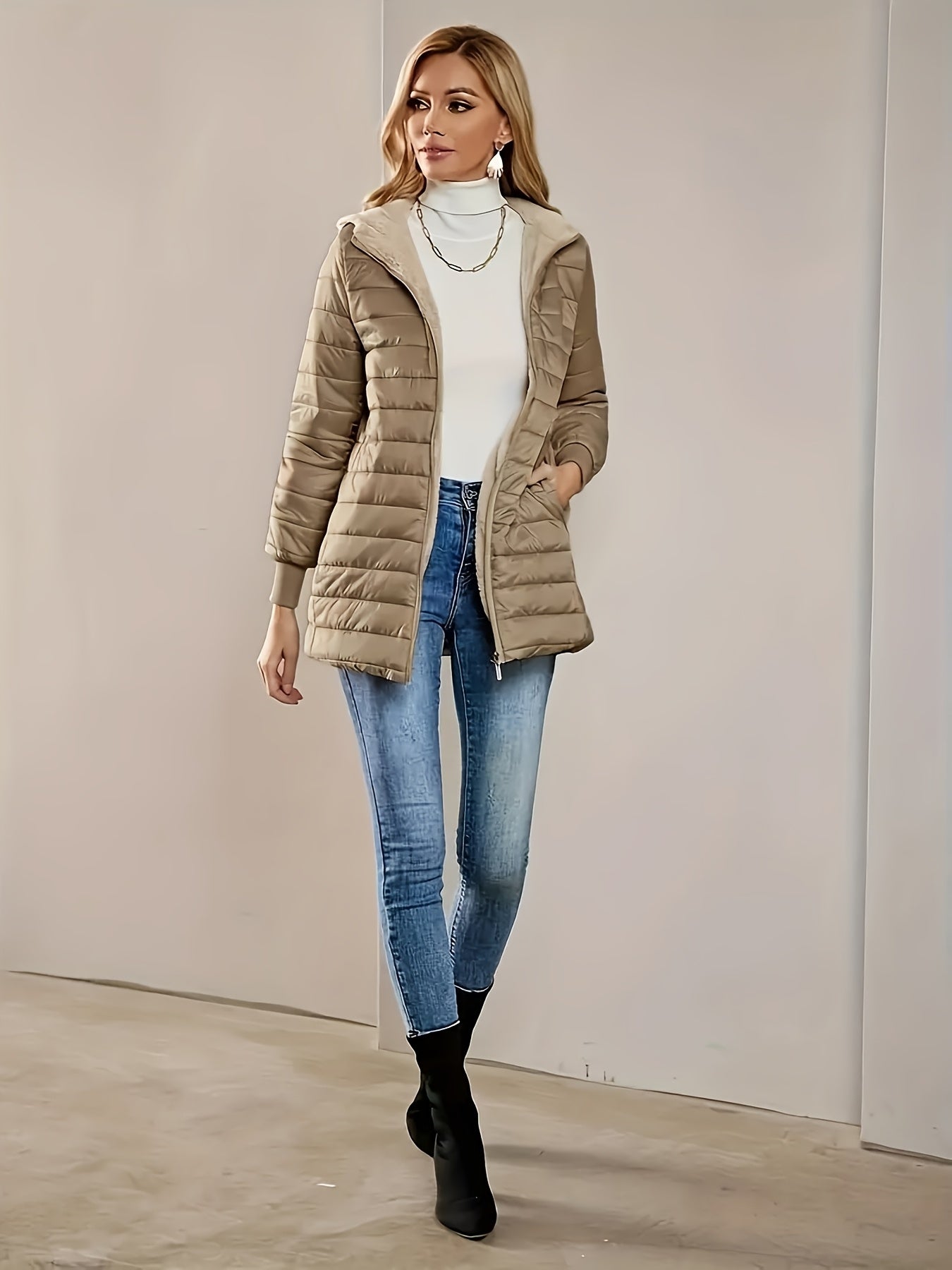 Women's Polyester Long Jacket with Long Sleeves and Pockets