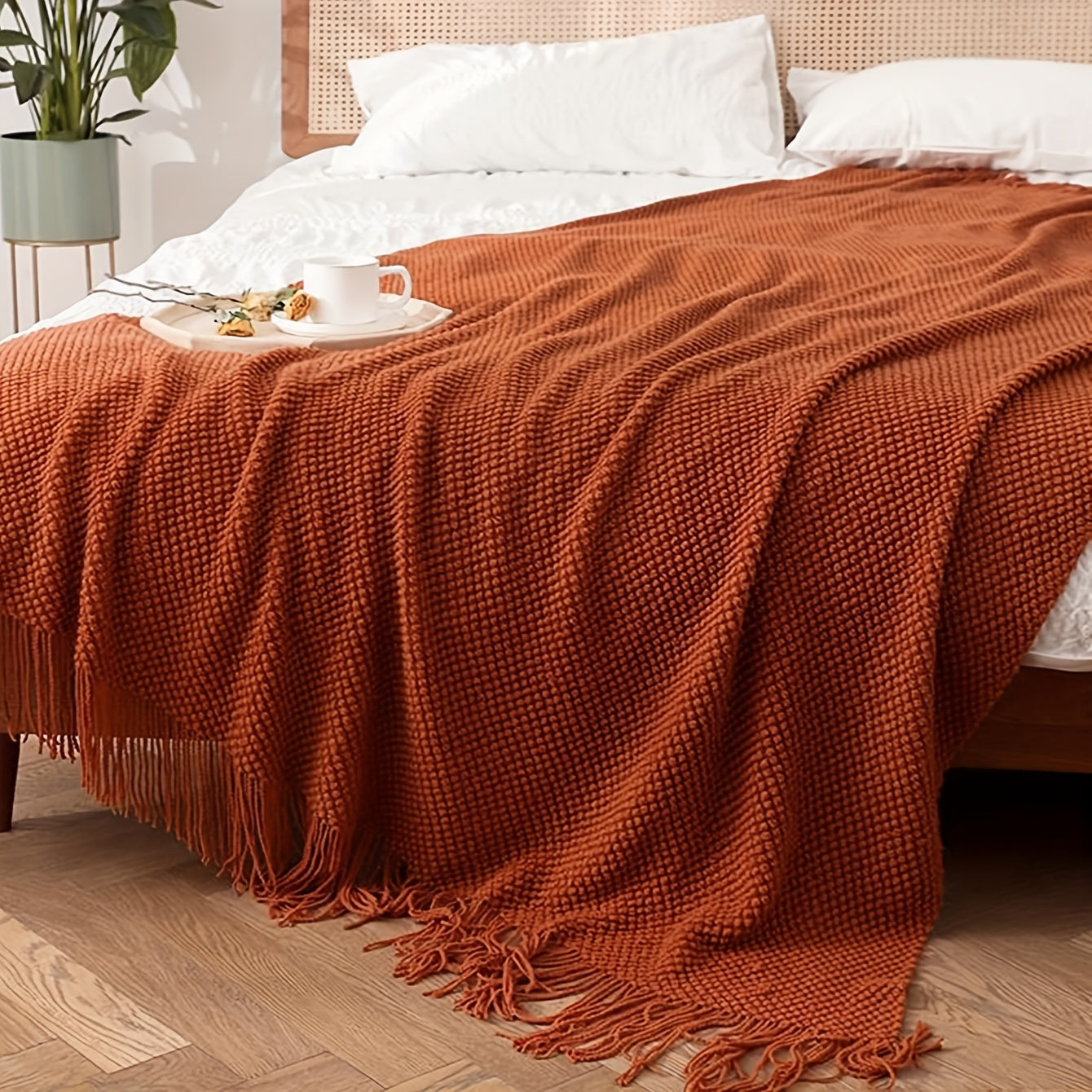 Orange Tassel Knitted Throw Blanket Soft Warm Couch Sofa Bed Travel