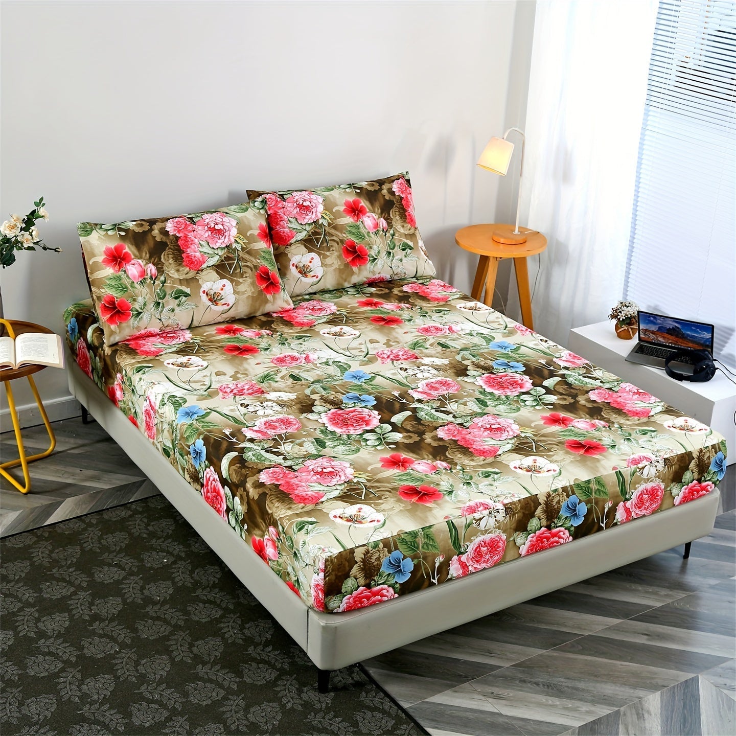 Floral Print Bedding Set with Fitted Sheet and Pillowcases for Bedroom and Guest Room