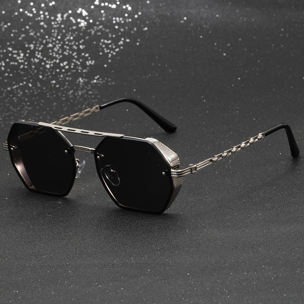 Unisex Polygonal Gold Frame Sunglasses with Chain Link Design