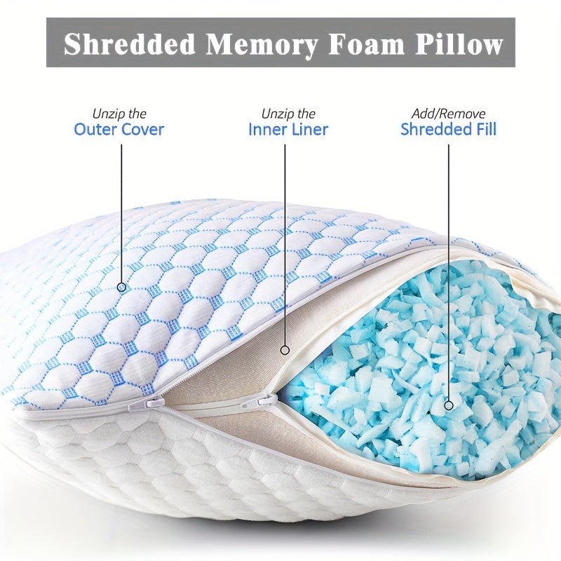 Memory Foam Pillow with Ice Silk Bamboo Cover Adjustable Cooling Washable Quilted Blue White