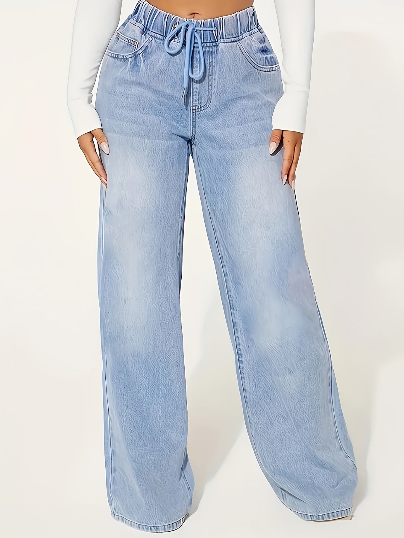 Ayollar uchun keng bo'yli keng yengil denim jinsi polyester, elastik emas, barcha mavsum uchun