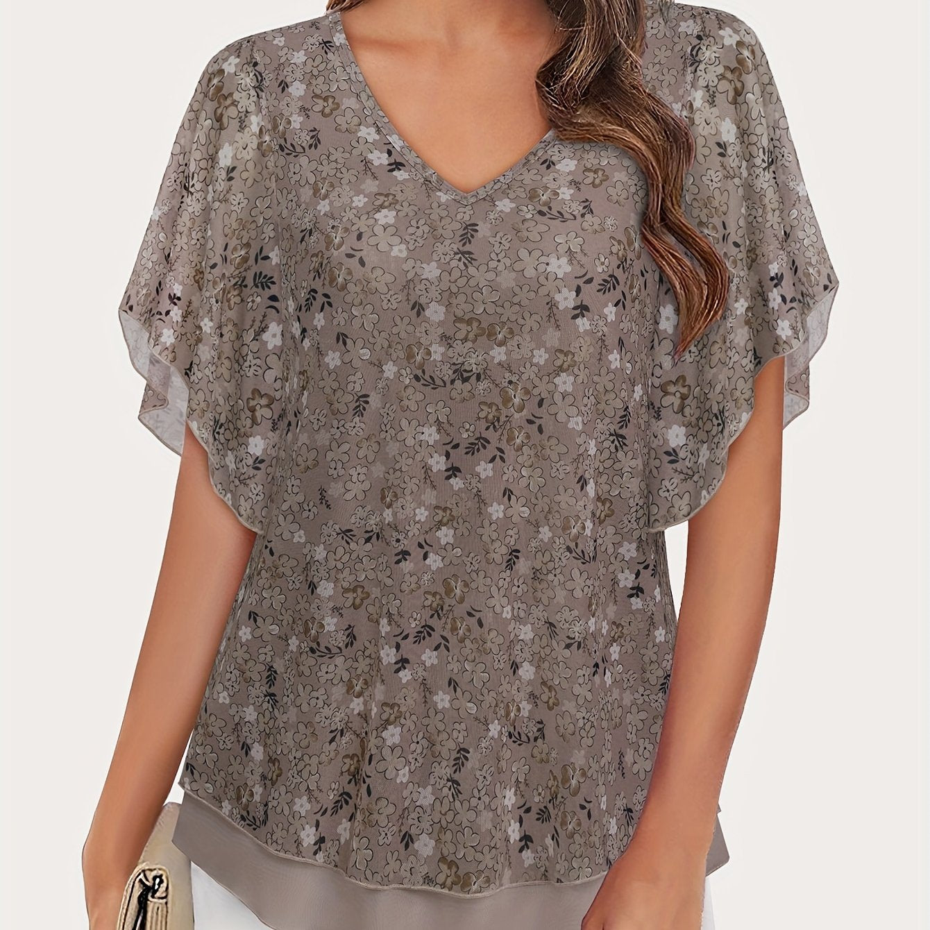 Women's Mesh Blouse Short Sleeve V-Neck Floral Ruffle Summer Tunic Top