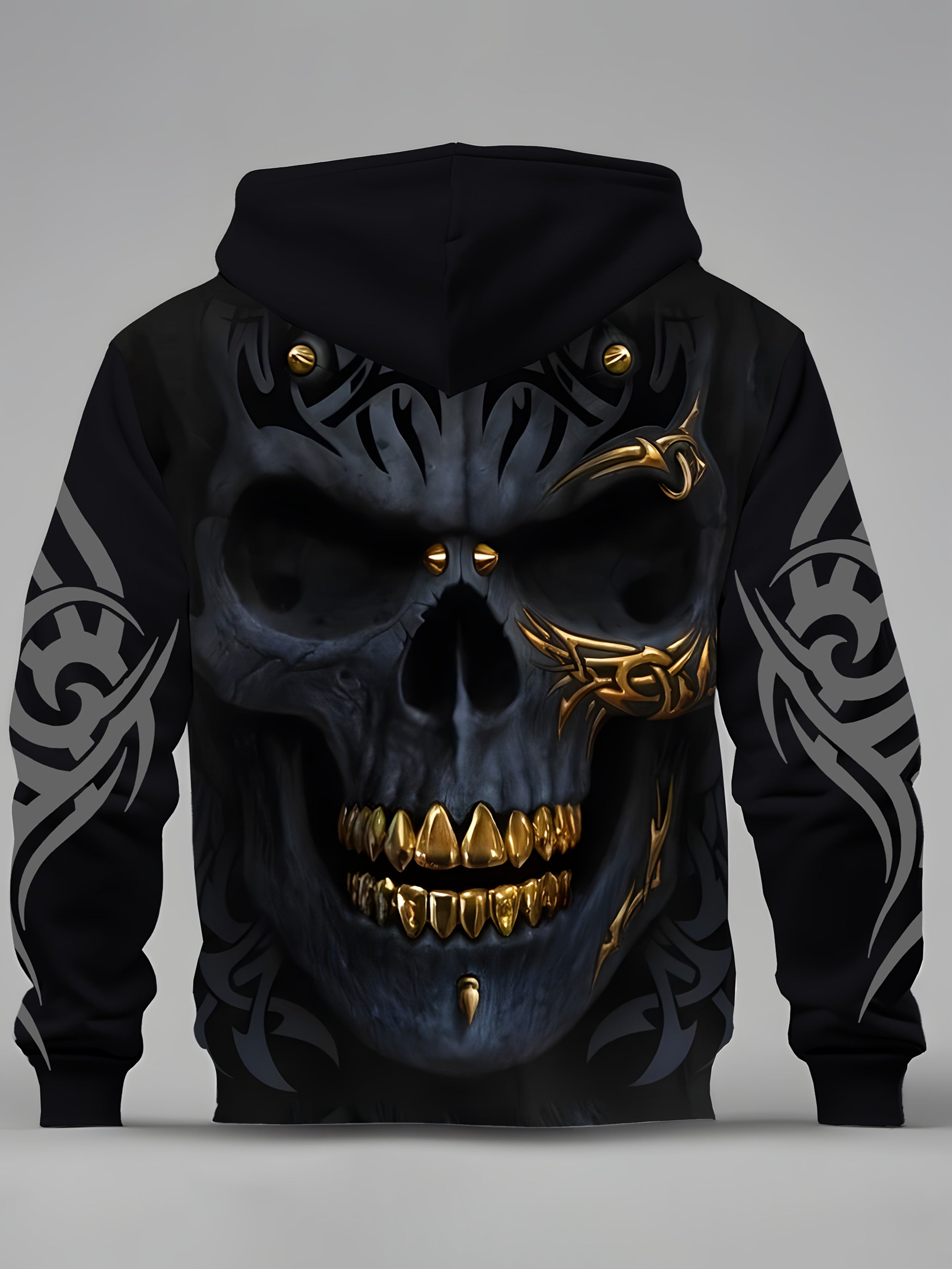 Men's Hoodie with Zipper Pocket and 3D Skull Print Polyester Knit Fabric