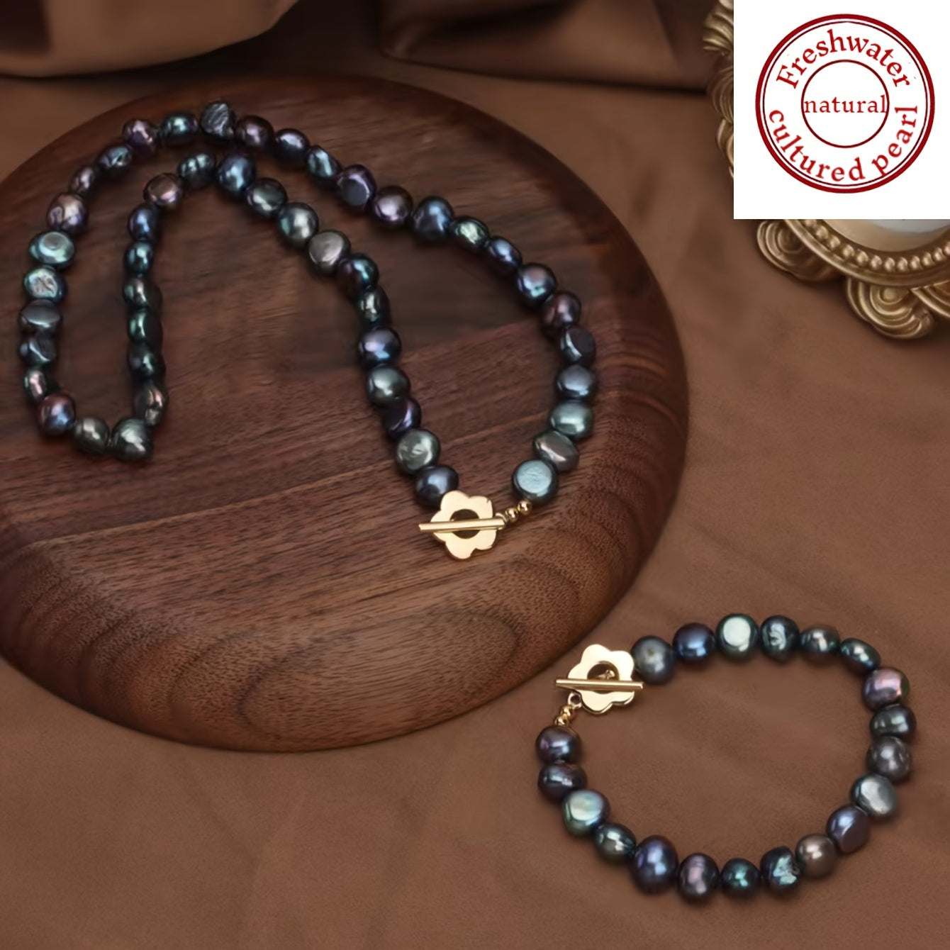 Conjunto de joyería de perlas de agua dulce negras con collar y pulsera de perlas barrocas de 7-8mm para mujeres