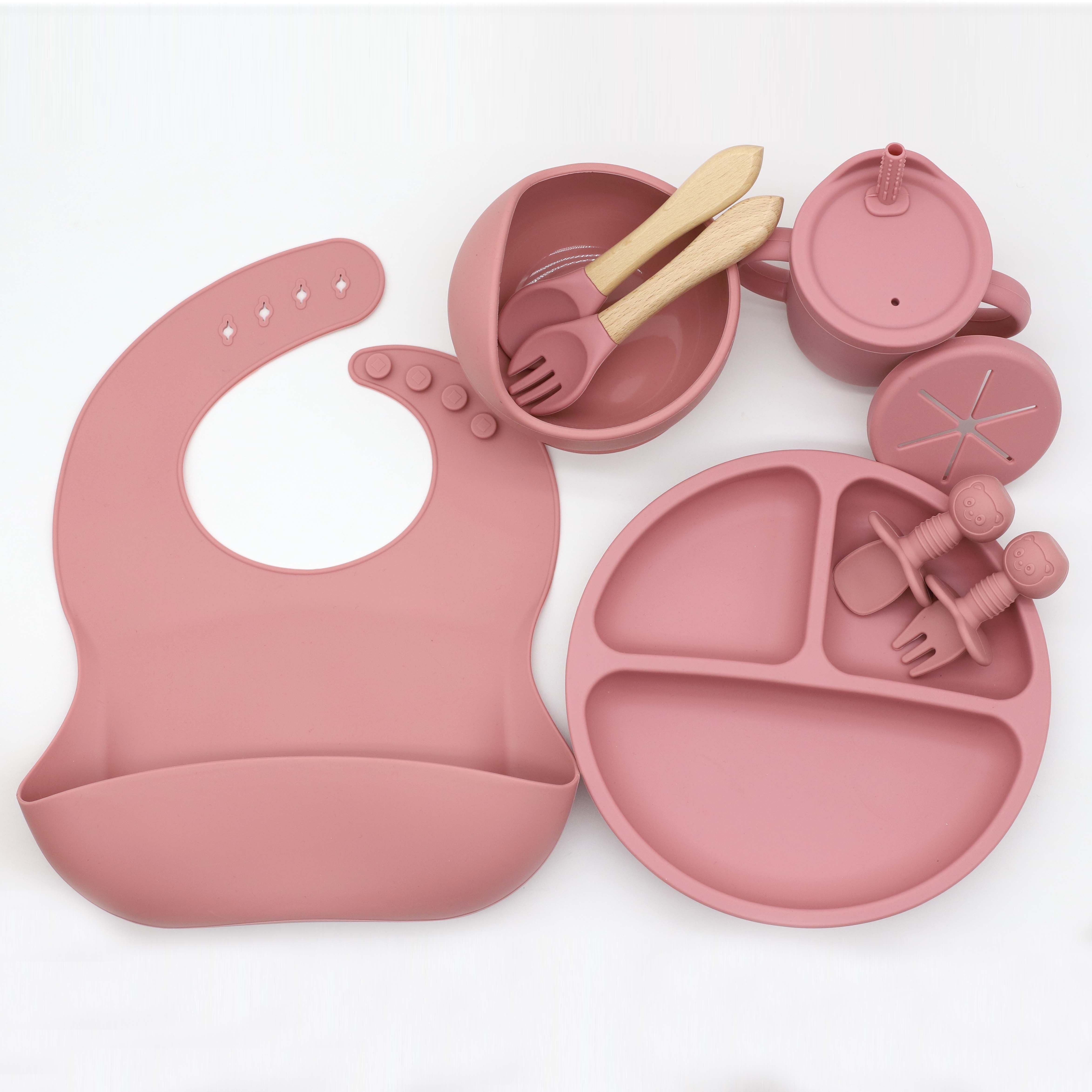 Juego de vajilla de silicona verde de 9 piezas con plato con babero, cuenco, taza y utensilios