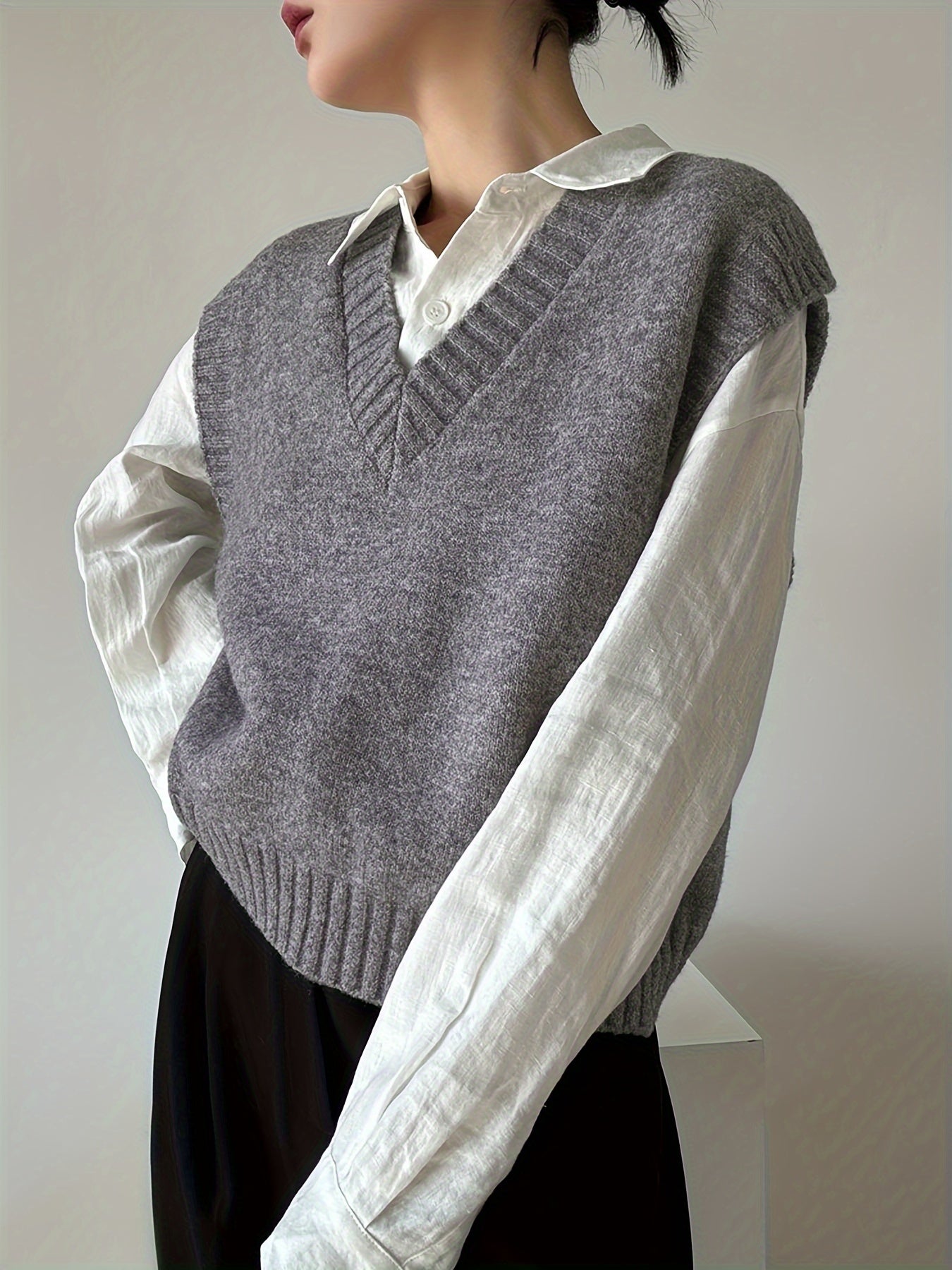 Chaleco de punto sólido sin mangas con escote en V para mujer, ideal para otoño e invierno