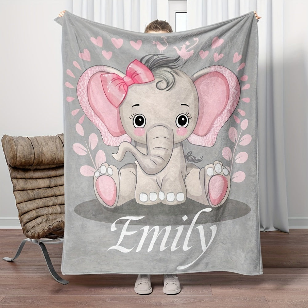 Personalized Elephant Flannel Throw Blanket with Custom Name Cozy All-Season Bed Couch Travel