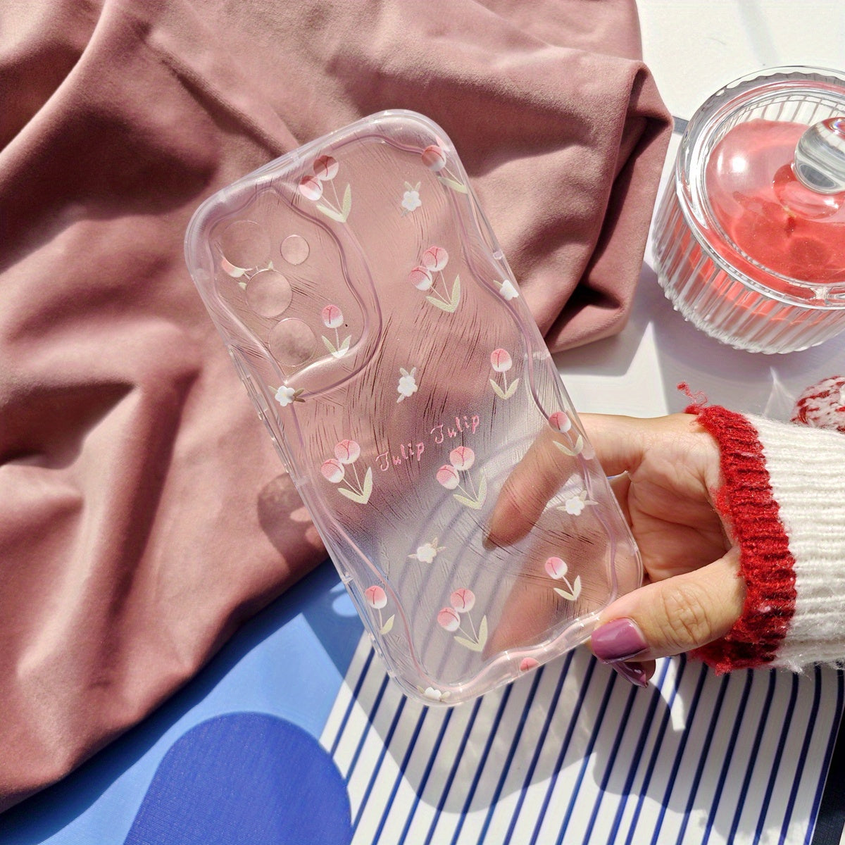 Pink Feather Yarn Phone Case with Small Flower Tulip Pattern for Samsung, Infinix, Oppo, Vivo