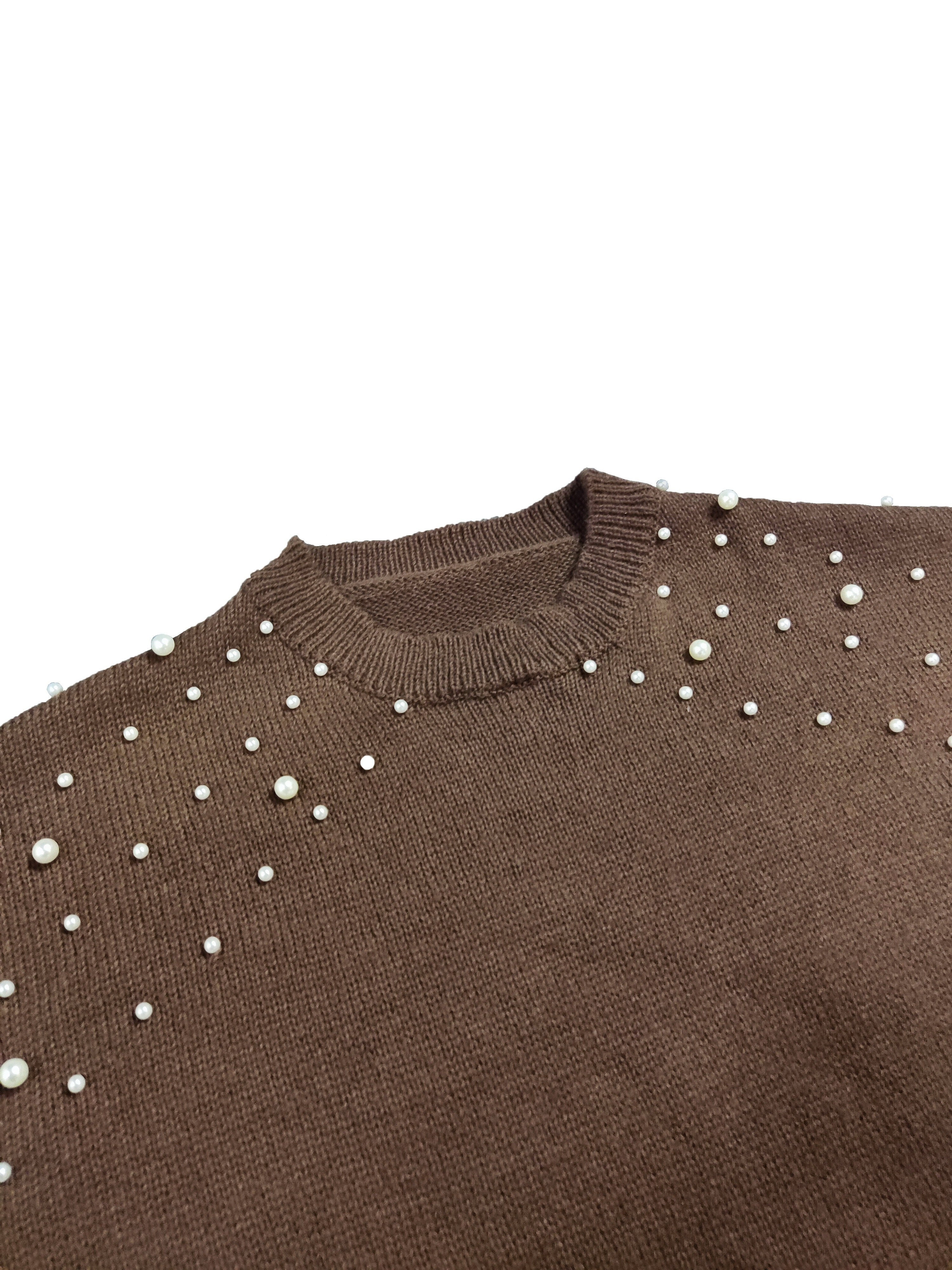 Женский вязаный свитер больших размеров с декоративными искусственными жемчужинами, с длинным рукавом, пуловер