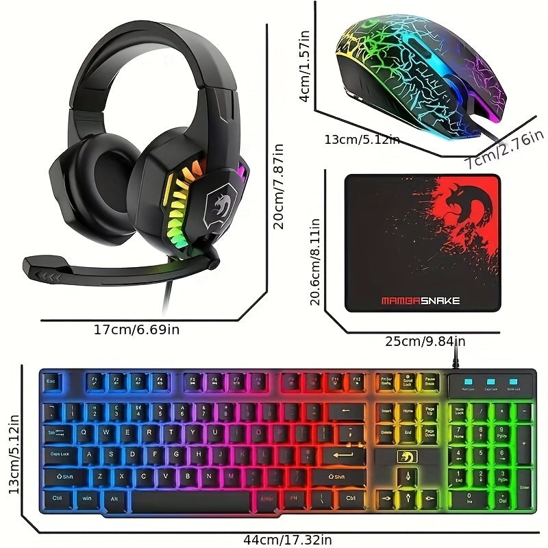 Wired Gaming Keyboard and Mouse Set with Rainbow LED Backlit and Headset for PC and Console