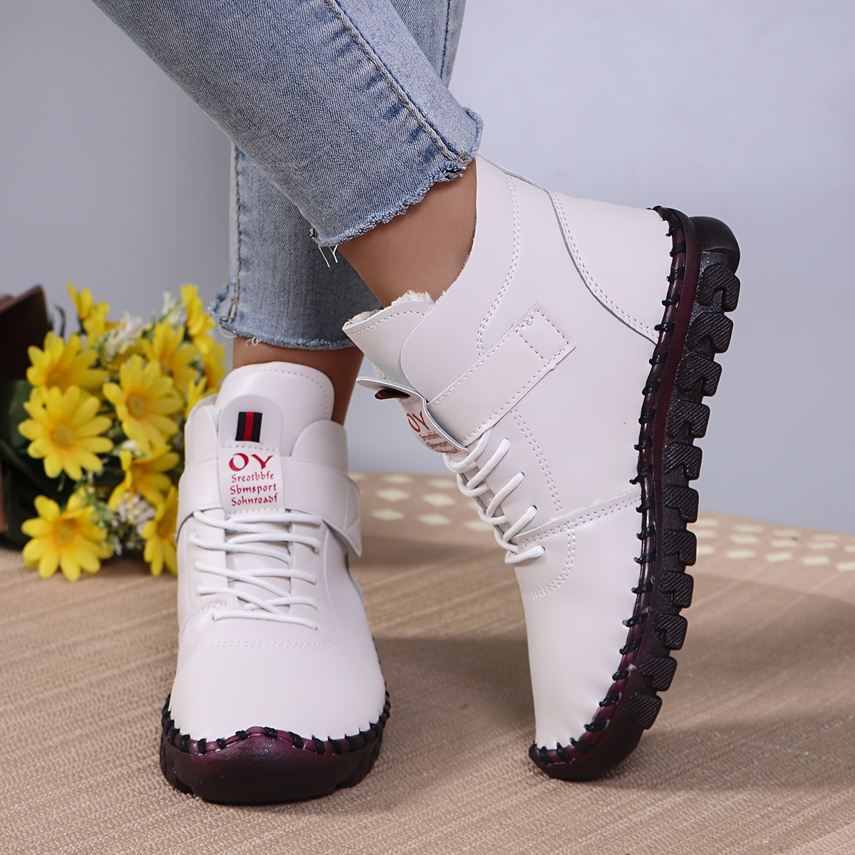 Women's White Brown Casual Mid-Top Shoes Faux Cover Fluffy Lining