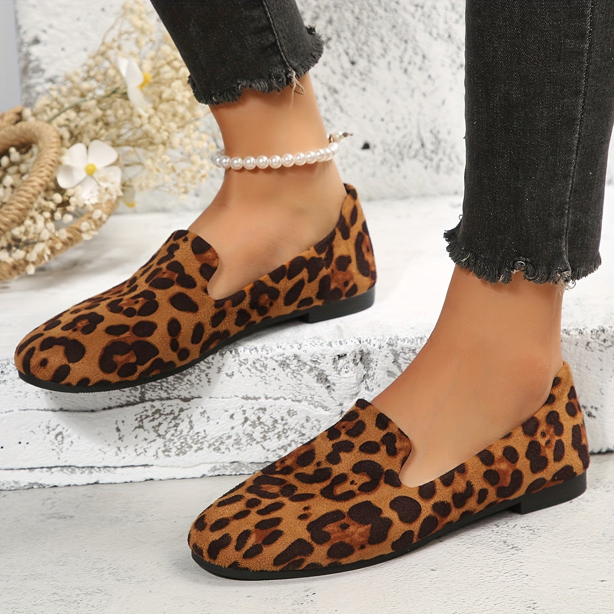 Women's Leopard Print Flats Lightweight Slip-On Fabric Boat Shoes