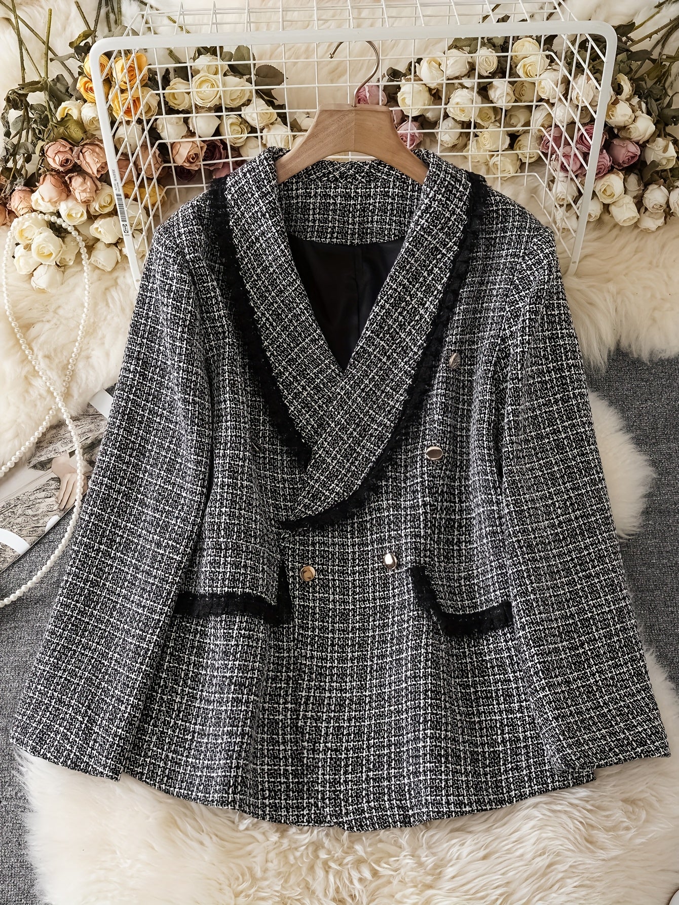 Women's Polyester Plaid Double-Breasted Blazer with Green Collars