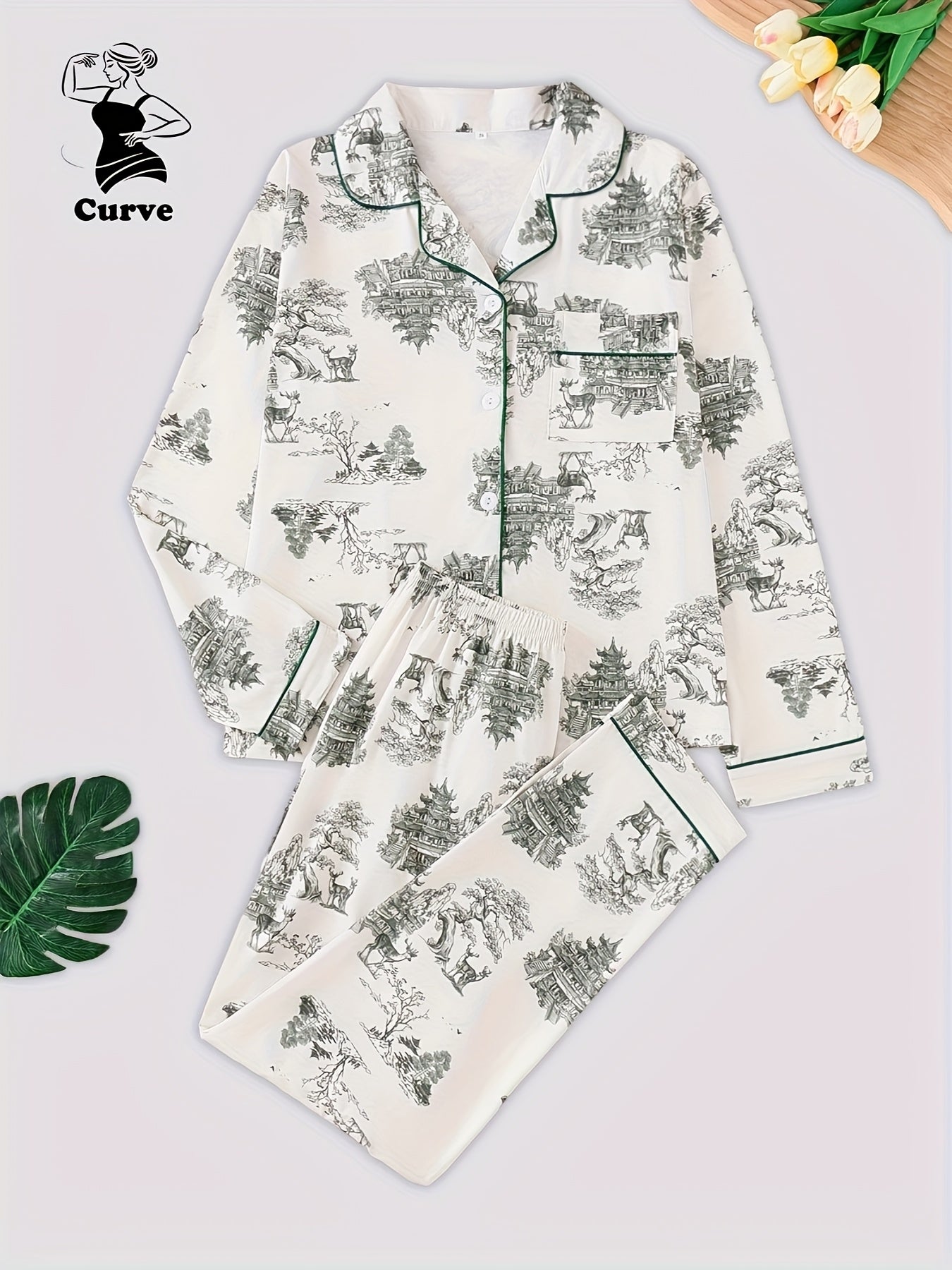 Plus Size Women's Pajama Set with Ink Painting Design Long Sleeve Button-Up Top and Cozy Pants