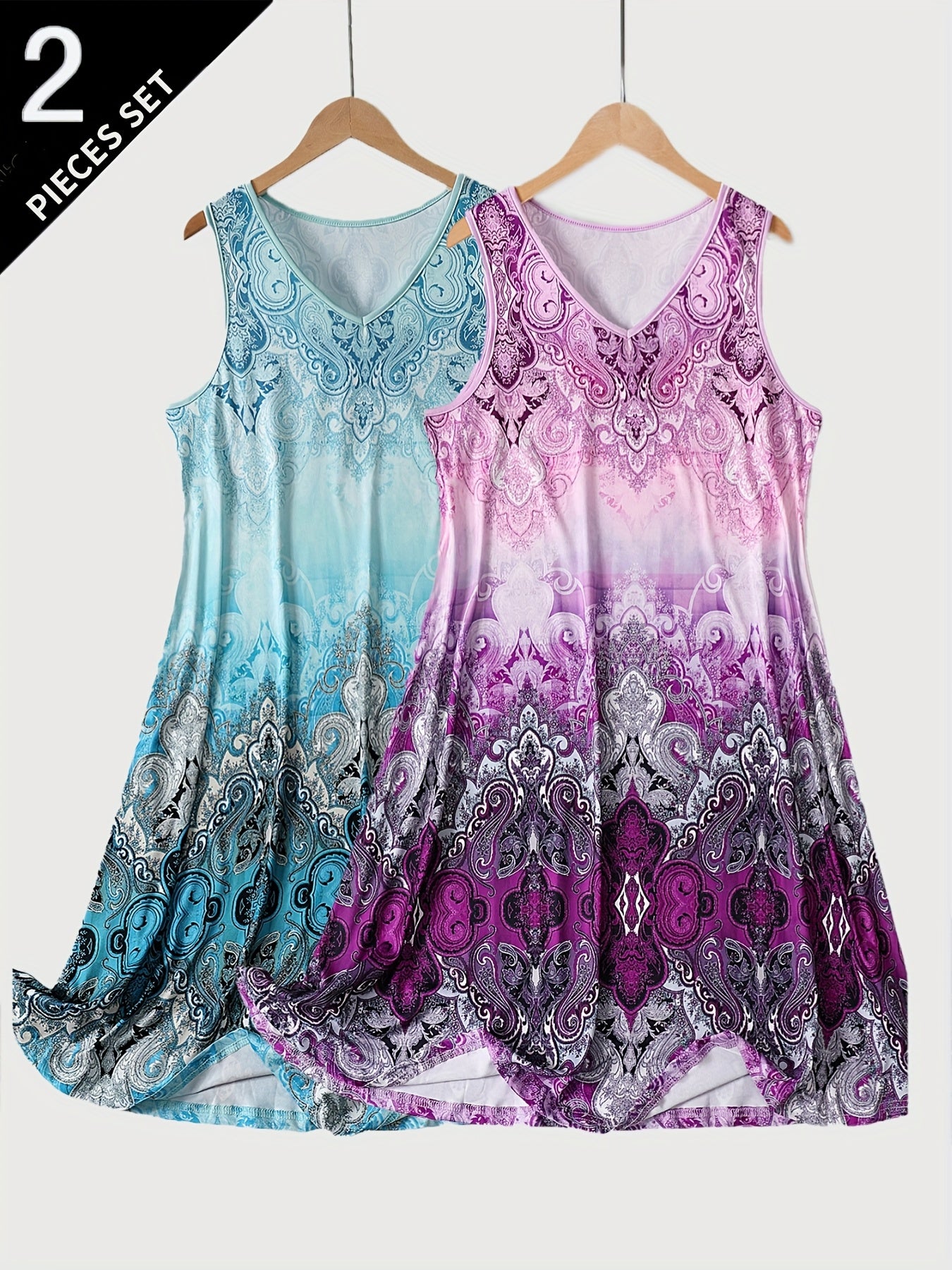 Women's Large Size V-Neck Vest and Sleep Skirt Two-Piece Set