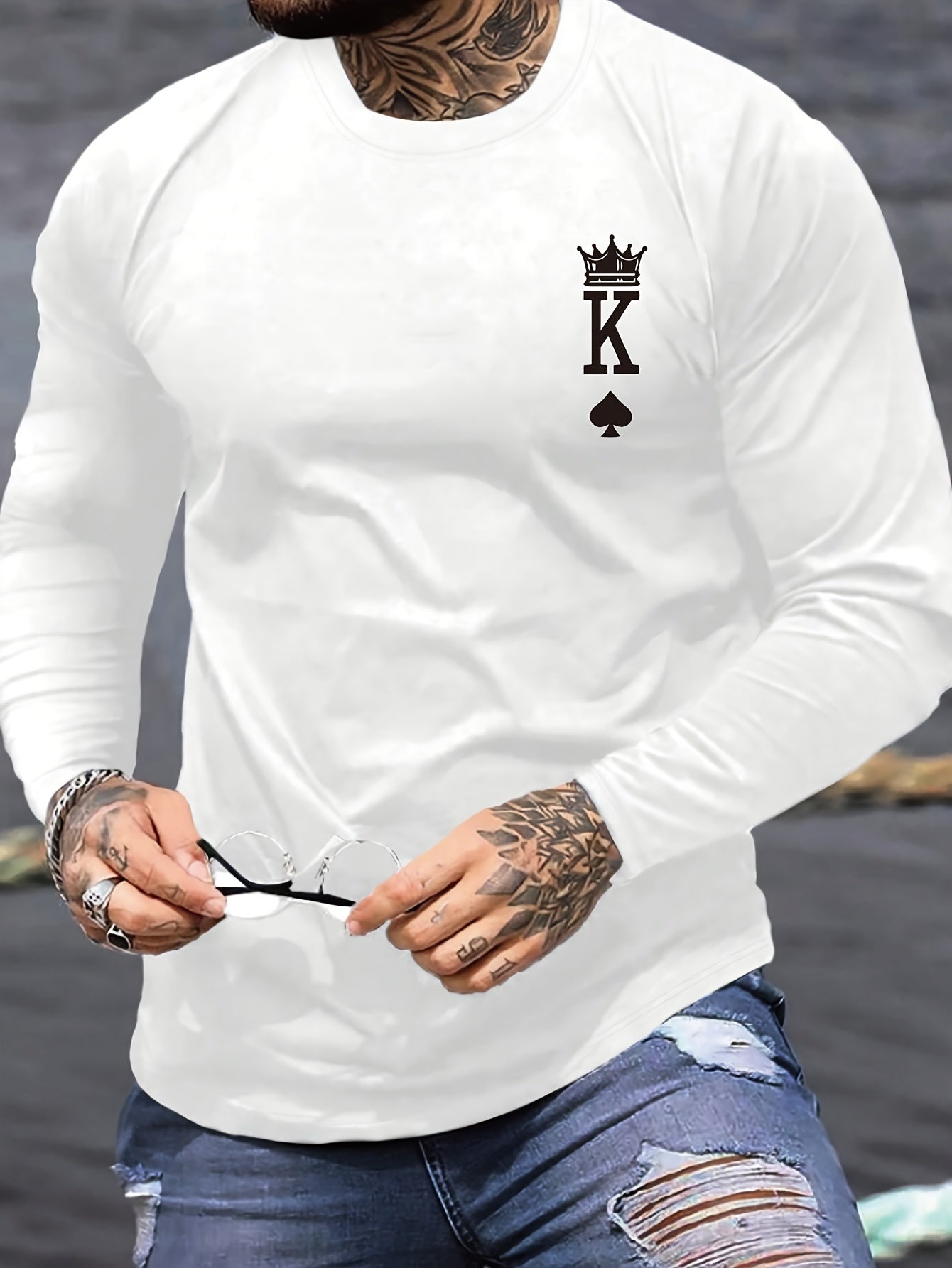 Erkaklar uchun King Print Uzun Qol T-Shirt - 100% Polyester, O'rtacha Cho'zilish, Oddiy Fit, Kuz/Bahar uchun Katta O'lchamli T-Shirt