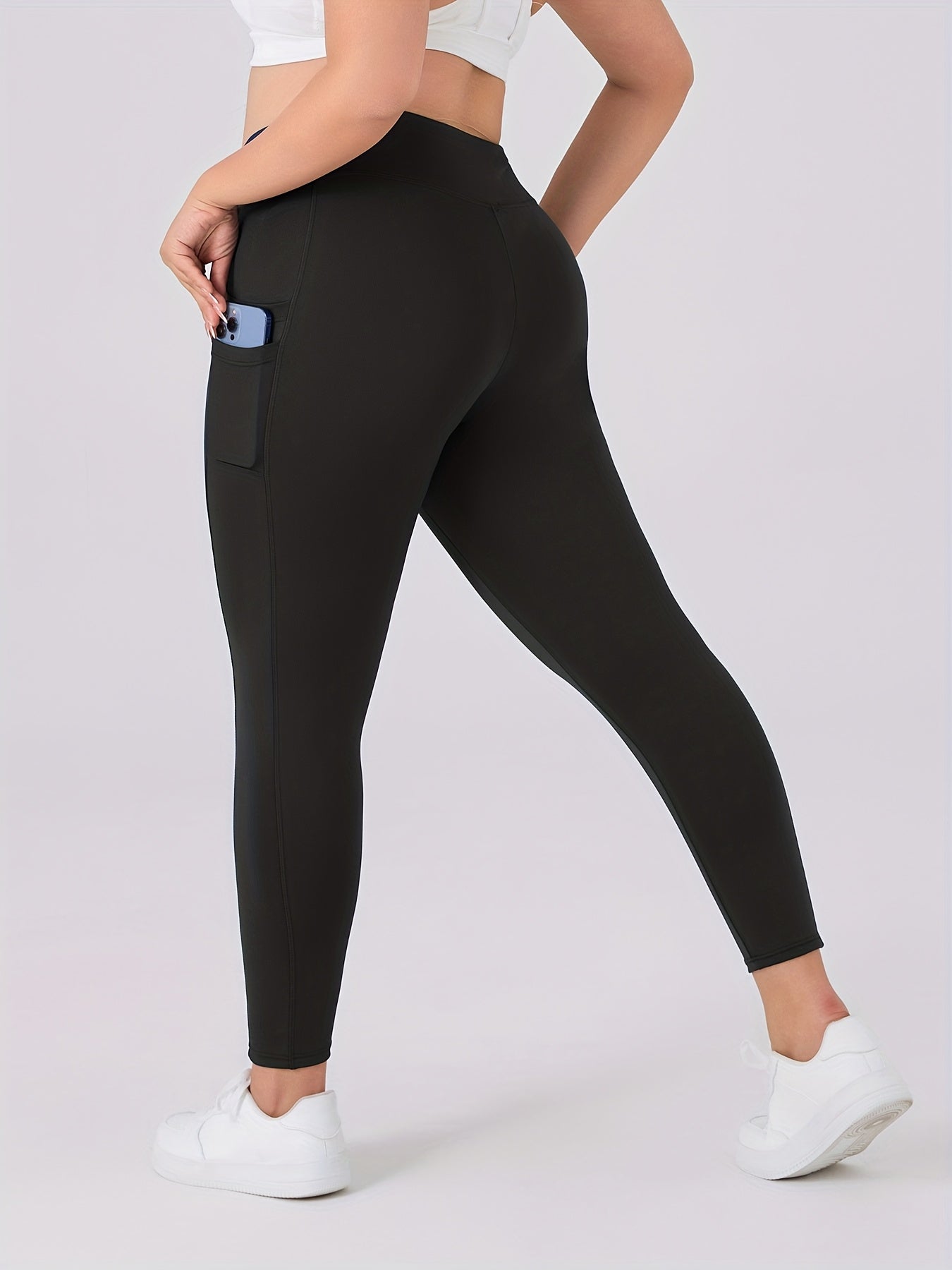 Plus Size Women Solid High-Waisted Leggings Stretchy Pockets Casual