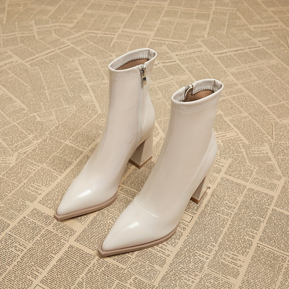 Women's Solid Color Block Heeled Ankle Boots With Side Zipper