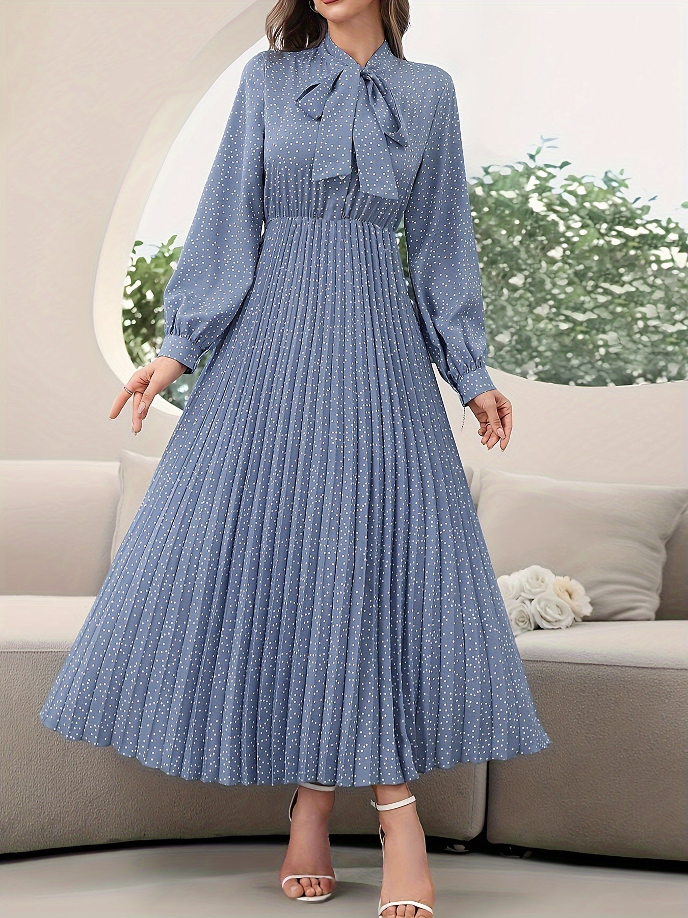 Women's Pleated Tie Neck Dress All Over Print Spring Fall Elegant Polyester