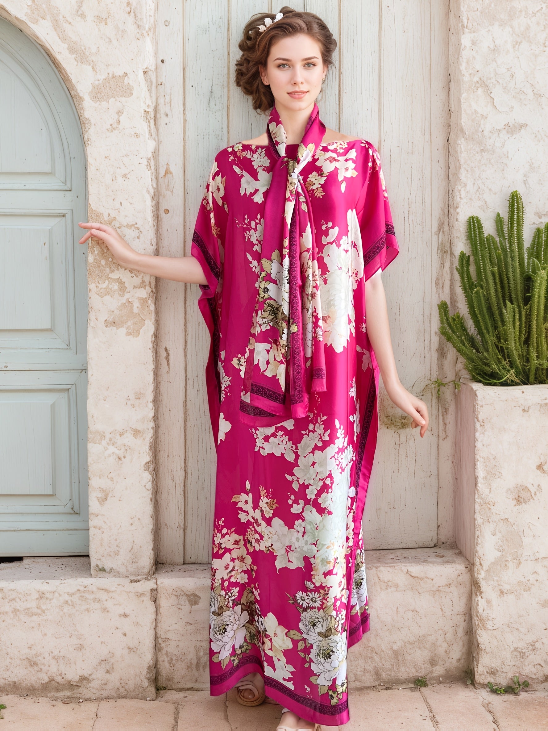 Plus Size Floral Maxi Dress with Scarf Women’s Loose Fit Long Sleeve All Season