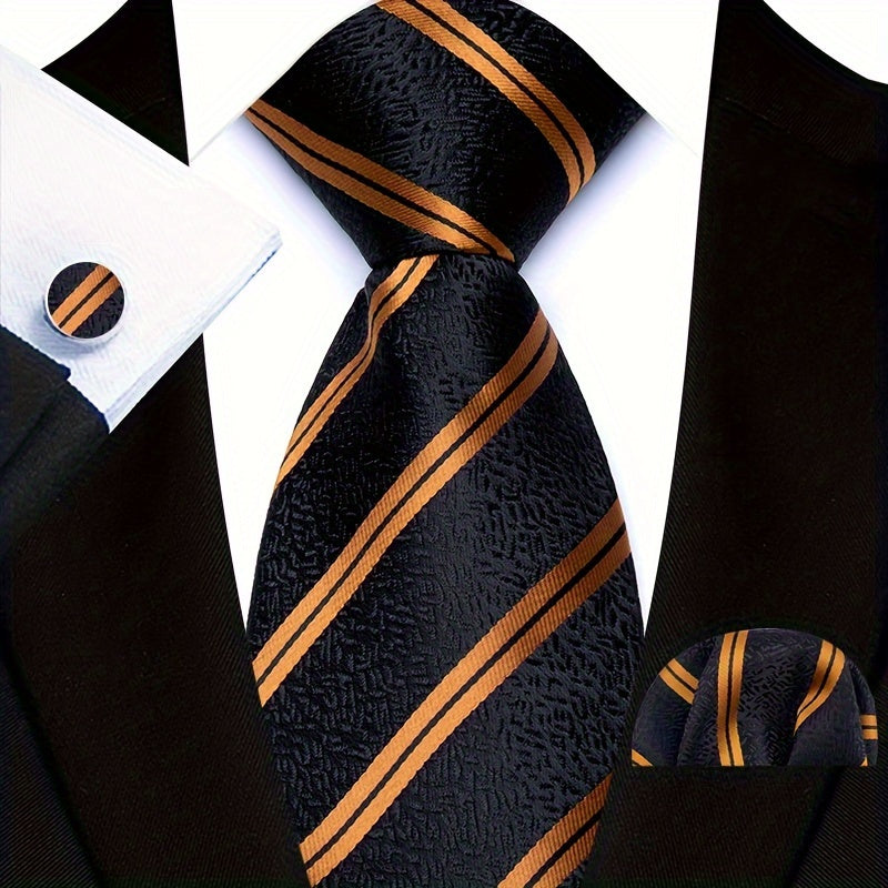 Men's Business Casual Tie Pocket Square Cufflinks Woven Multicolor Stripes Set for Grooms and Groomsmen