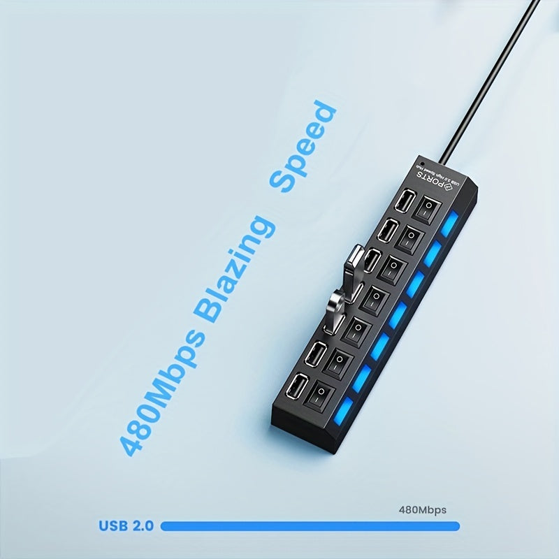 USB 2.0 Hub 7 Ports or 4 Ports with LED Light and Independent Power Switch for Data Transfer