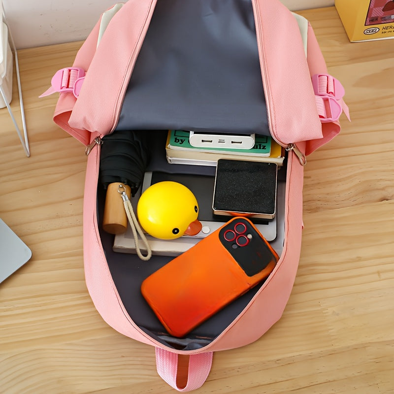 5-ta qismli maktab sumkasi to'plami, kollej uchun kanvas sumka, mo'ynali ayiqcha tanga hamyonchasi, qalam sumkasi va crossbody sumka