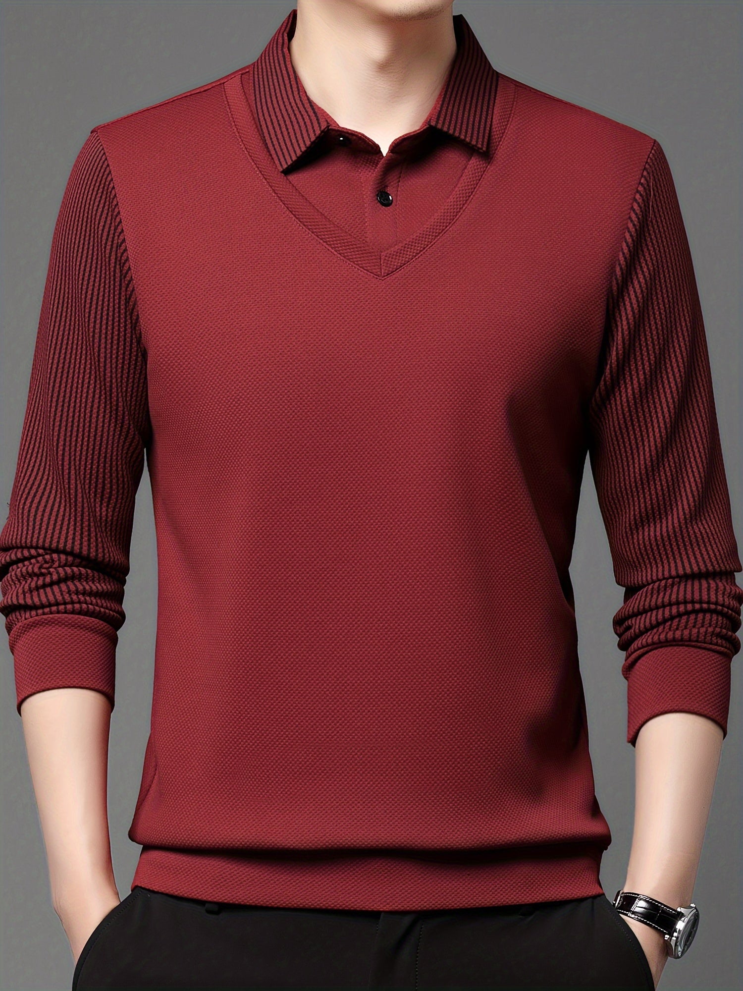 Men's Long Sleeve Polo Shirt Polyester Spandex Striped Regular Fit Lapel Collar