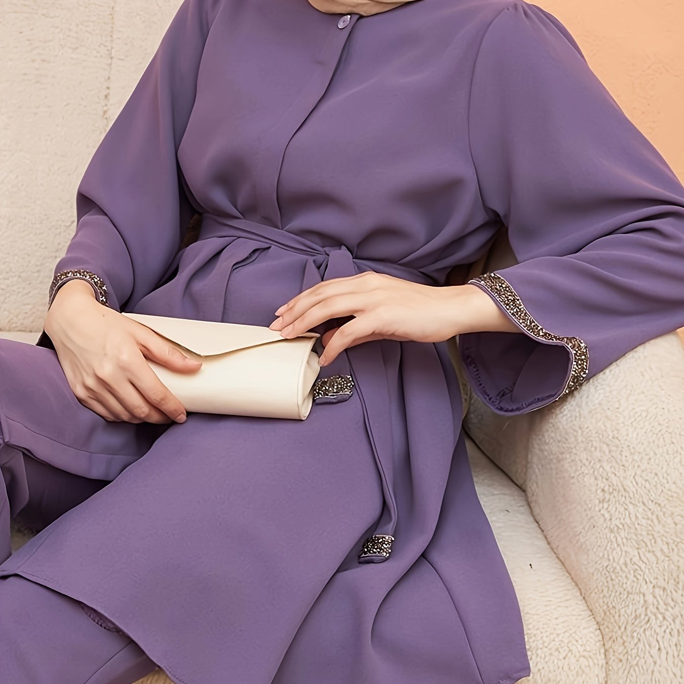 Top midi de mujer con pedrería, manga larga, de poliéster sólido, con cinturón, estilo del Medio Oriente