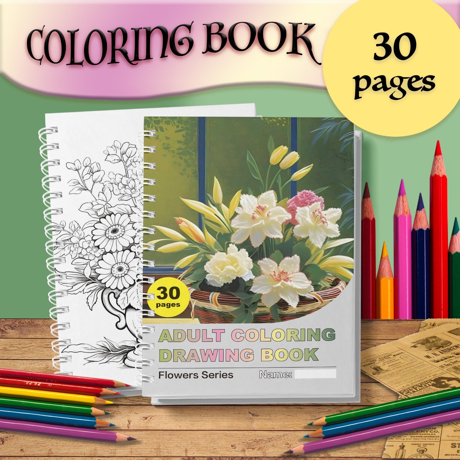 Kattalar uchun gullar va manzarali eskizlar bilan nafis gullar bo'yash kitobi, dam olish uchun