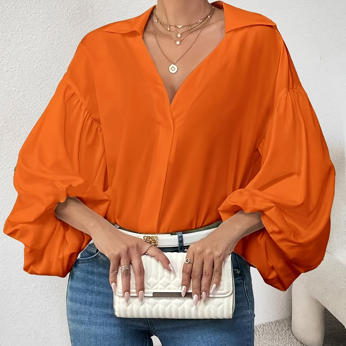 Ayollar uchun Noyob Ko'k V-yuynli Bluz Uzun Qo'l To'liq Kundalik kiyim