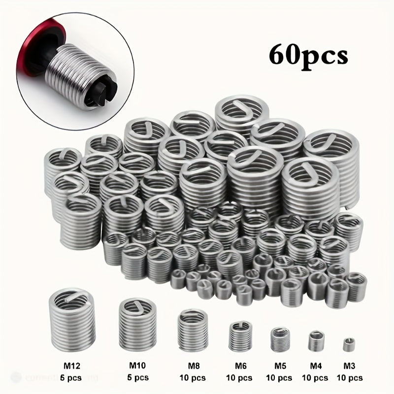 60pcs Stainless Steel Thread Repair Kit M3 to M12 Durable Fasteners
