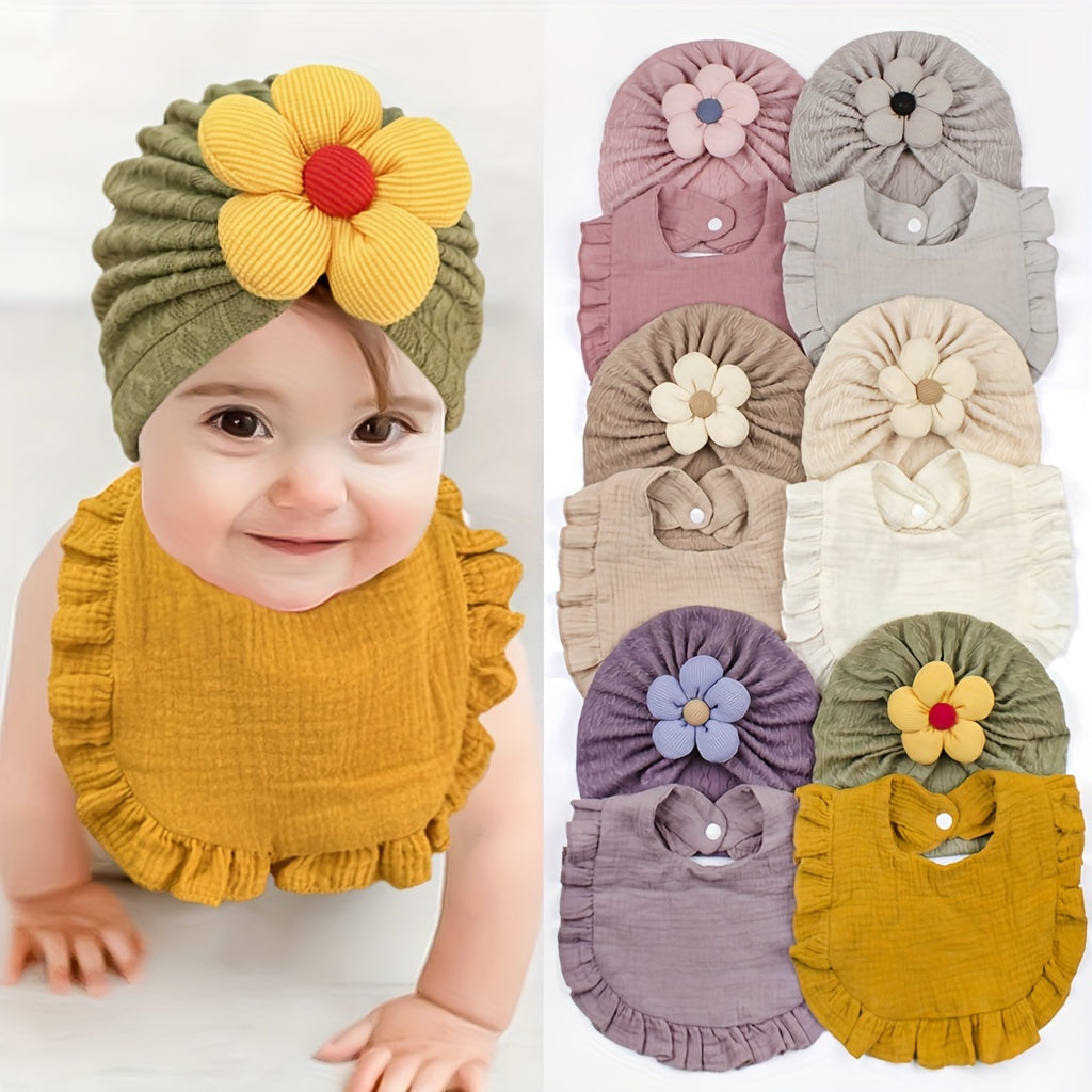 Kids Girl Floral Hat and Bib Set Soft Breathable Polyester for Casual and Birthday